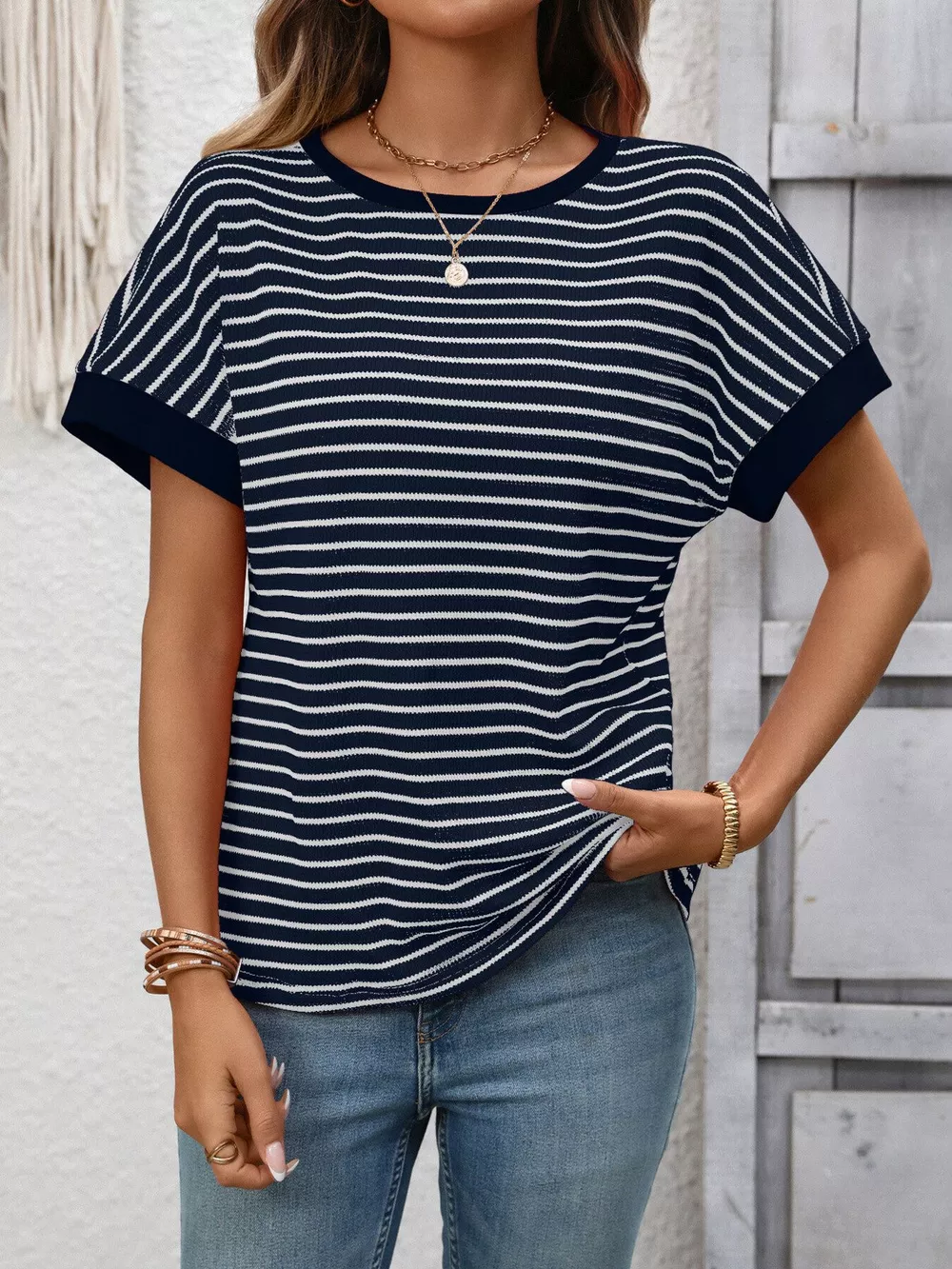 Striped Ribbed Knit Short Sleeve T-Shirt, image 6