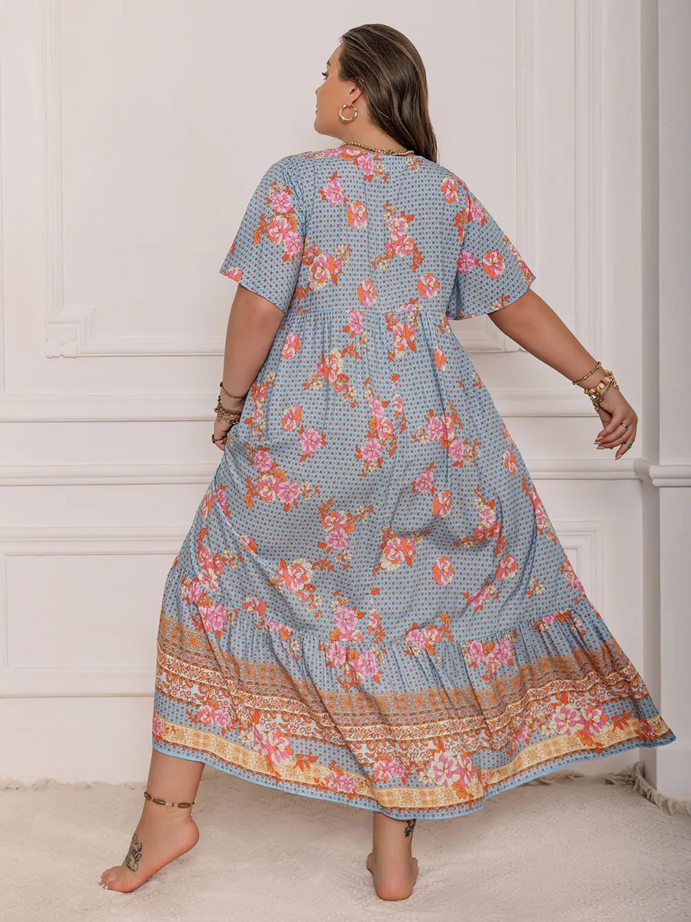 Plus Size Printed Tie Neck Flutter Sleeve Maxi Dress, image 7