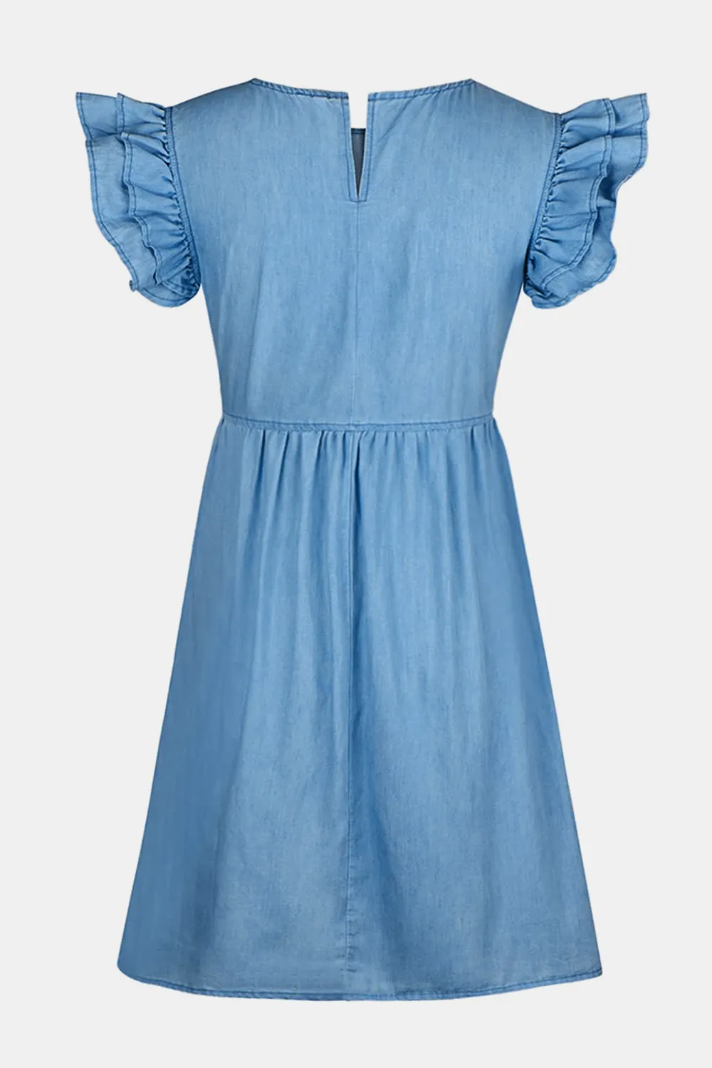 Full Size Ruffled Round Neck Cap Sleeve Denim Dress, image 7