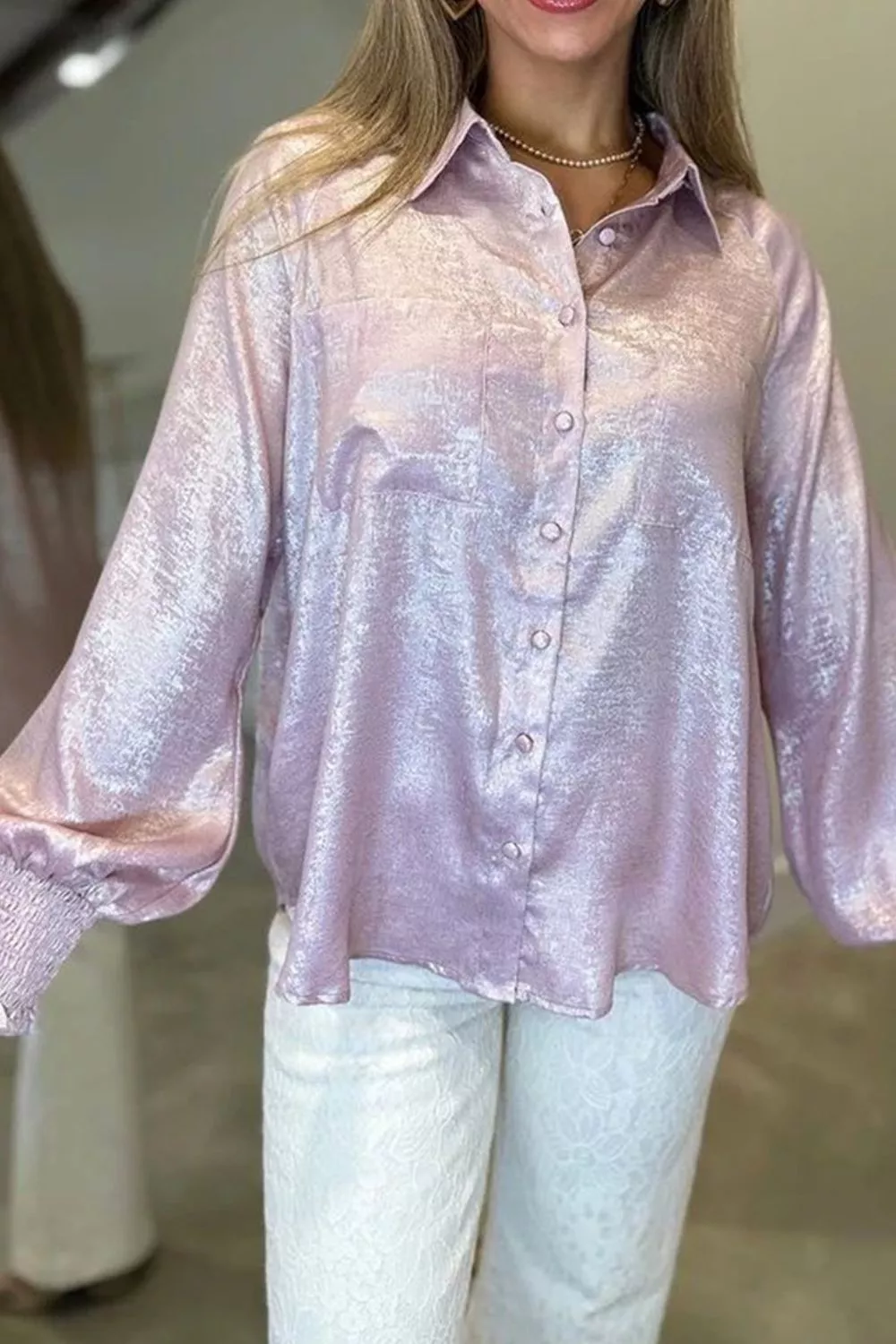 Long Sleeve Button Front Ruffle Cuffs Back Paneling Shirt, image 5