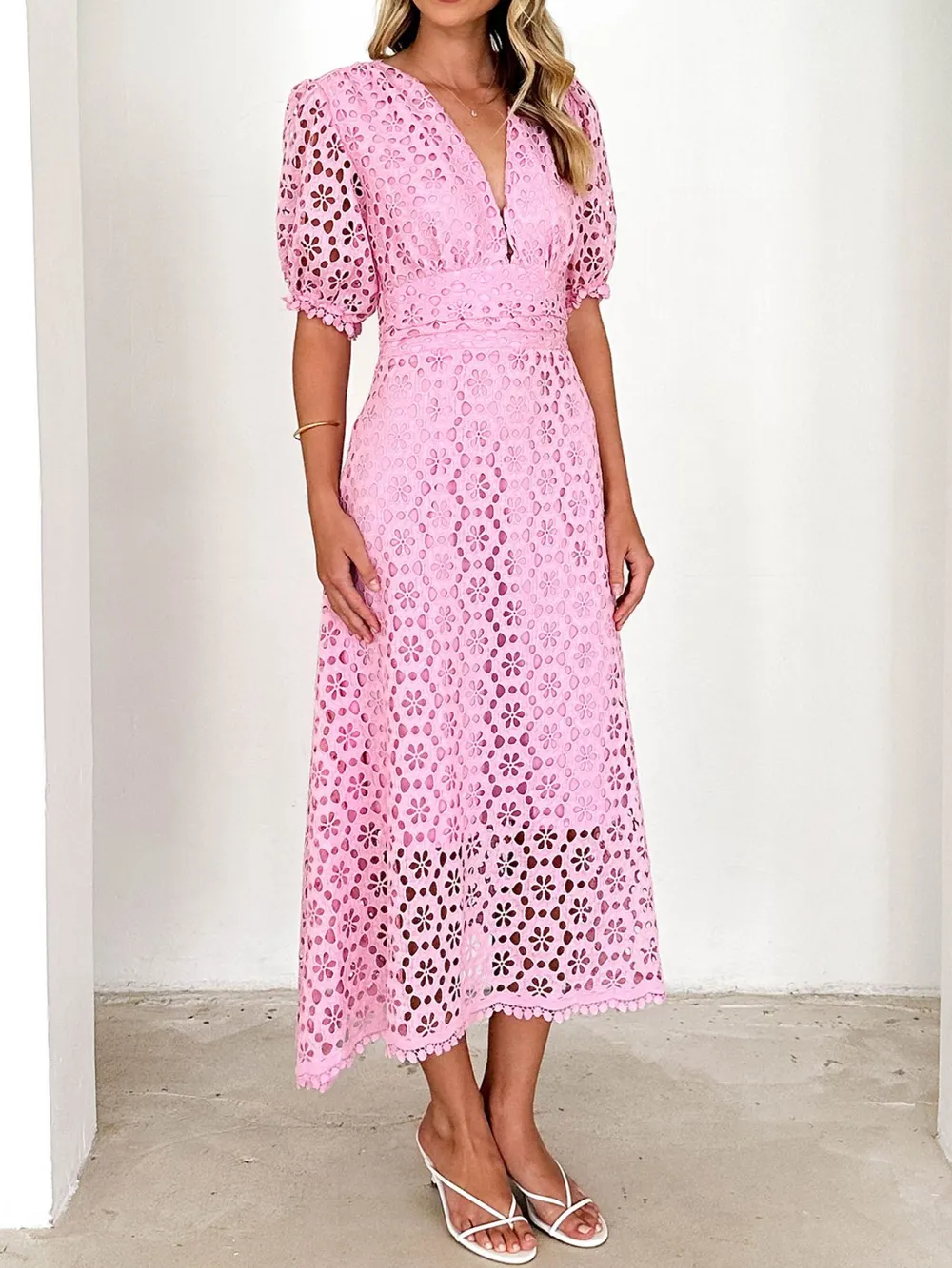 Eyelet Lace V-Neck Midi Dress with Puff Sleeves, image 14