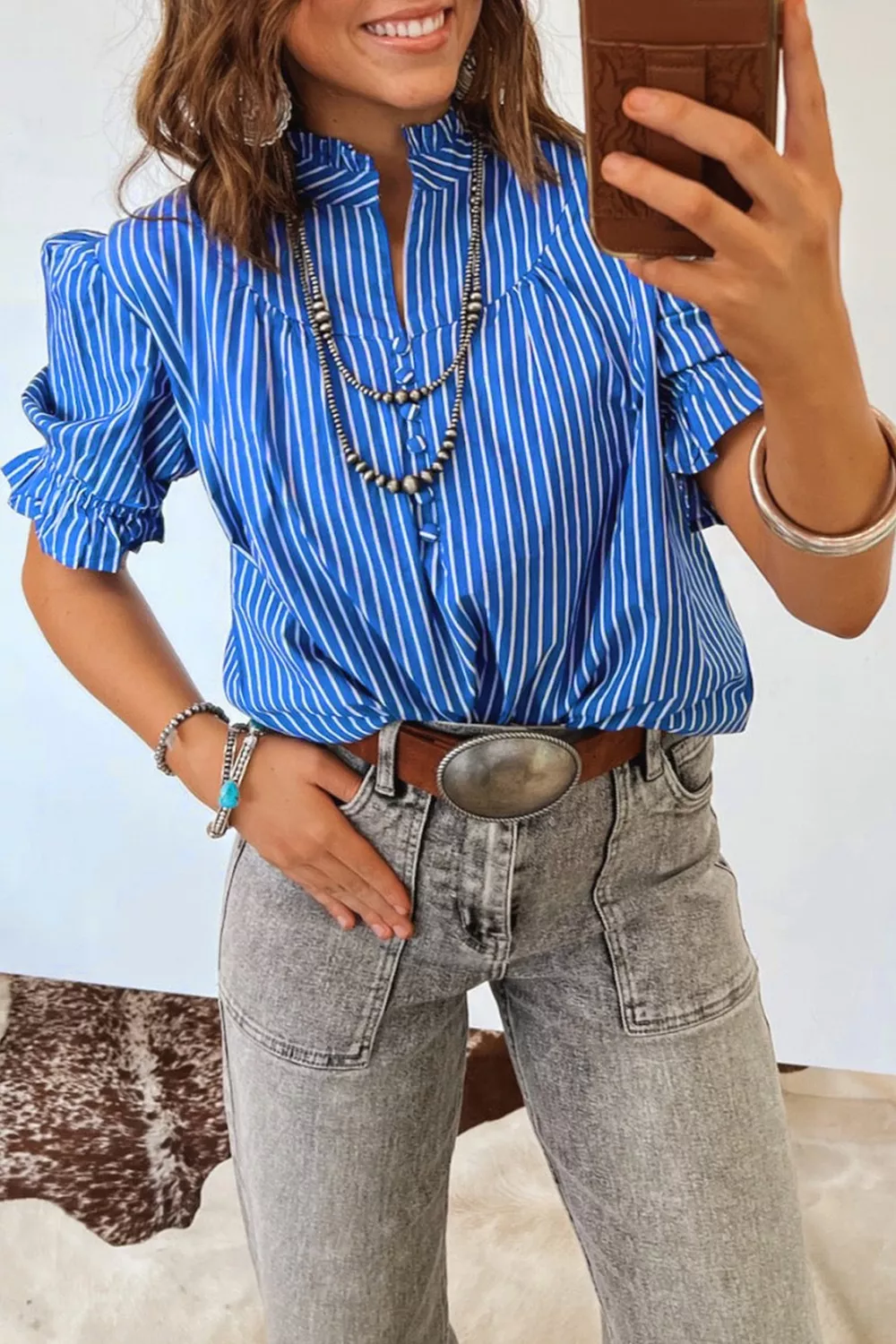 Stripe Ruffled Short Puff Sleeve Button Front Blouse, image 5