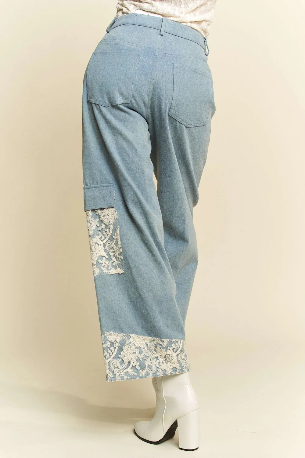 Lace Applique Wide Leg Jeans, image 4