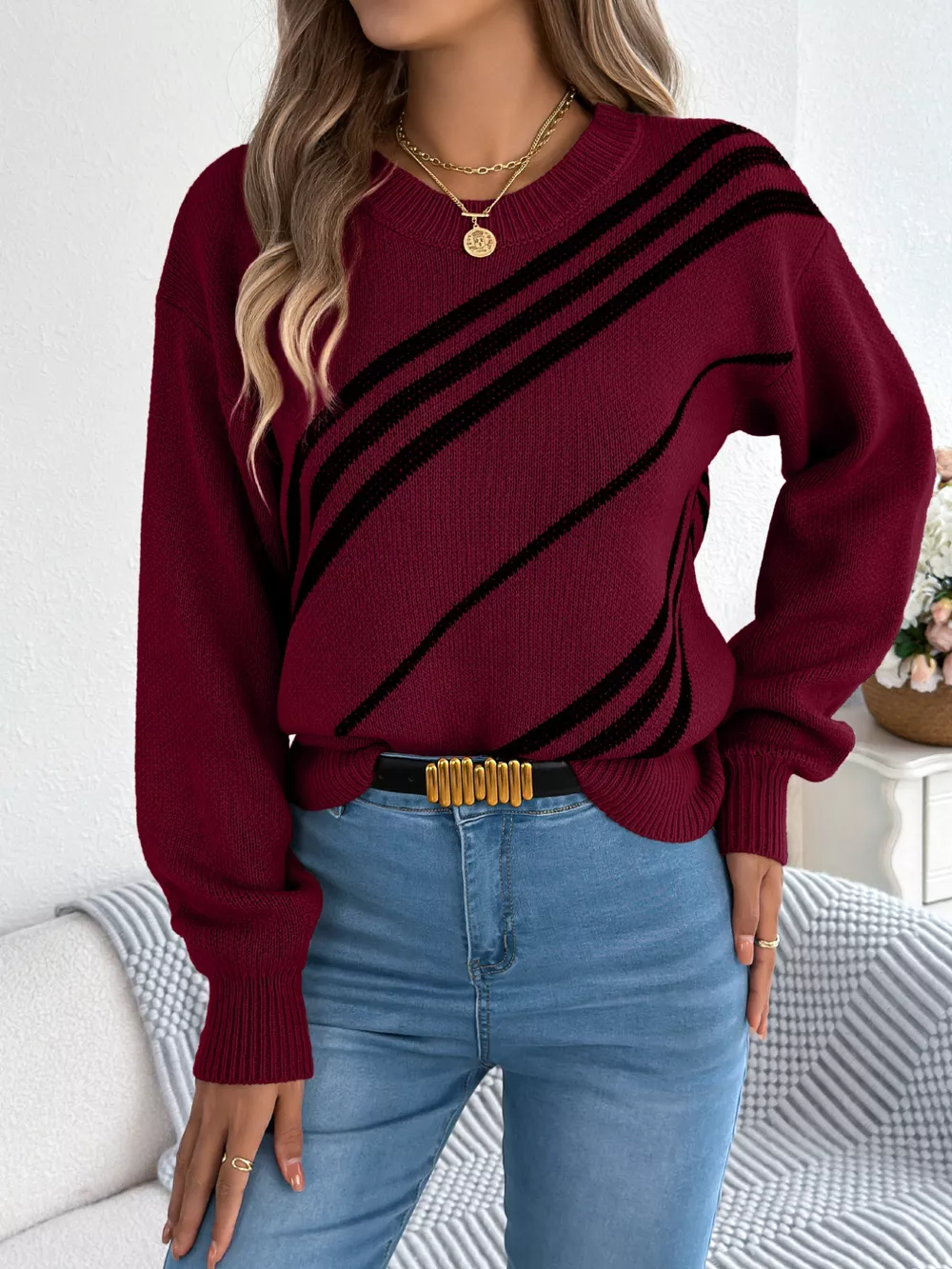 Striped Pattern Casual Round Neck Sweater, image 9