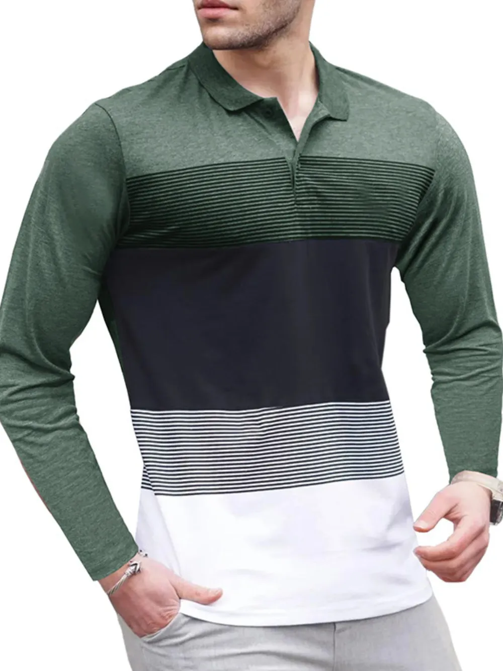 Men's Color Block Striped Long Sleeve Polo Shirt, image 7