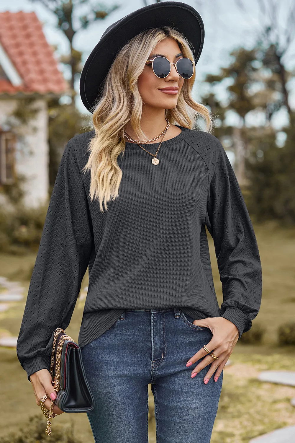 Eyelet Round Neck Long Sleeve T-Shirt, image 13