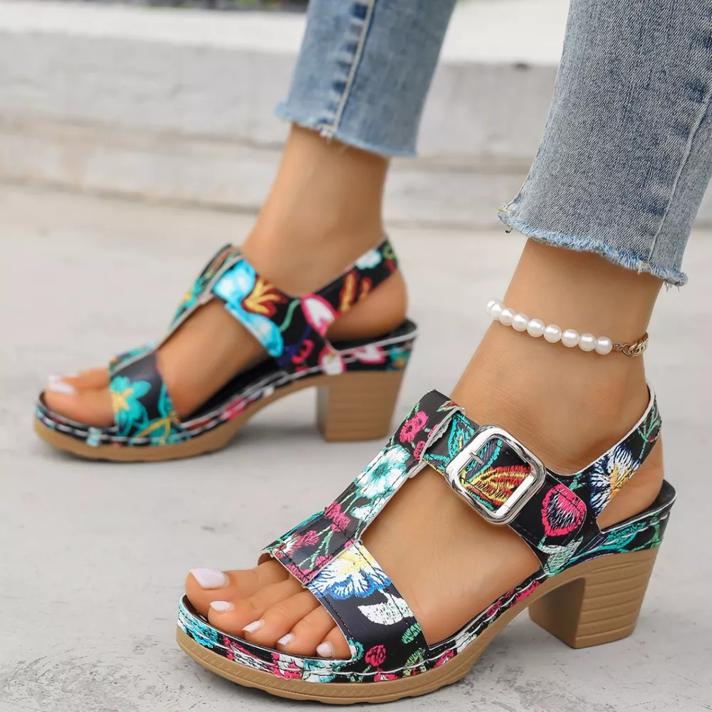 Floral Print Buckle Ankle Strap Block Heel Sandals, image 4
