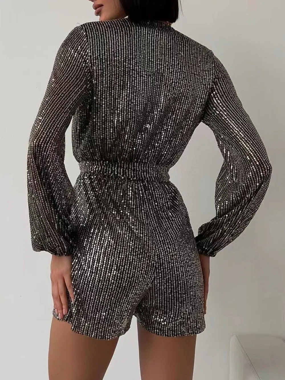 Full Size Sequin Surplice Tie Waist Long Sleeve Romper, image 16