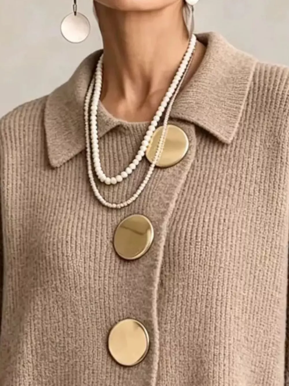 Full Size Gold Buttons Lantern Sleeve Cardigan Plus Size, image 26