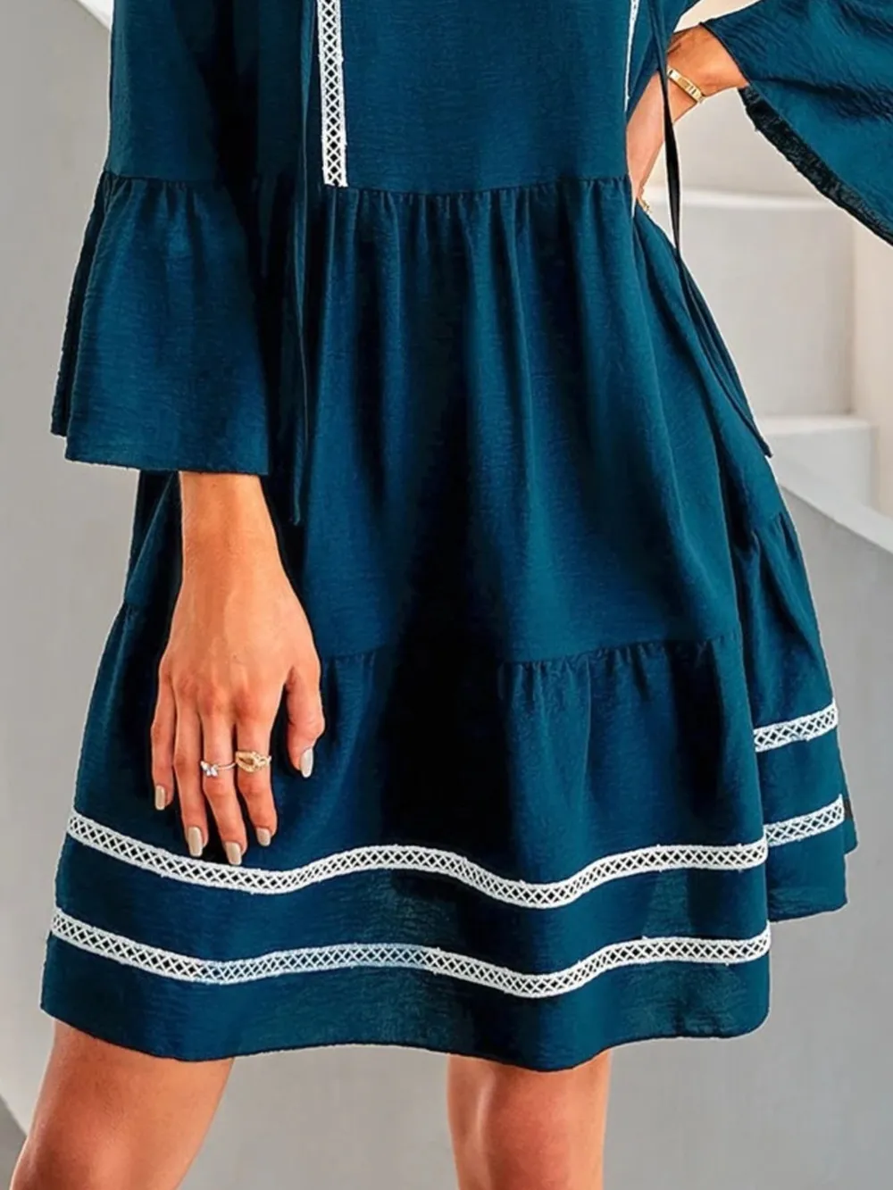 Tie-Neck Long Sleeve Mini Dress with Trim Detail, image 3