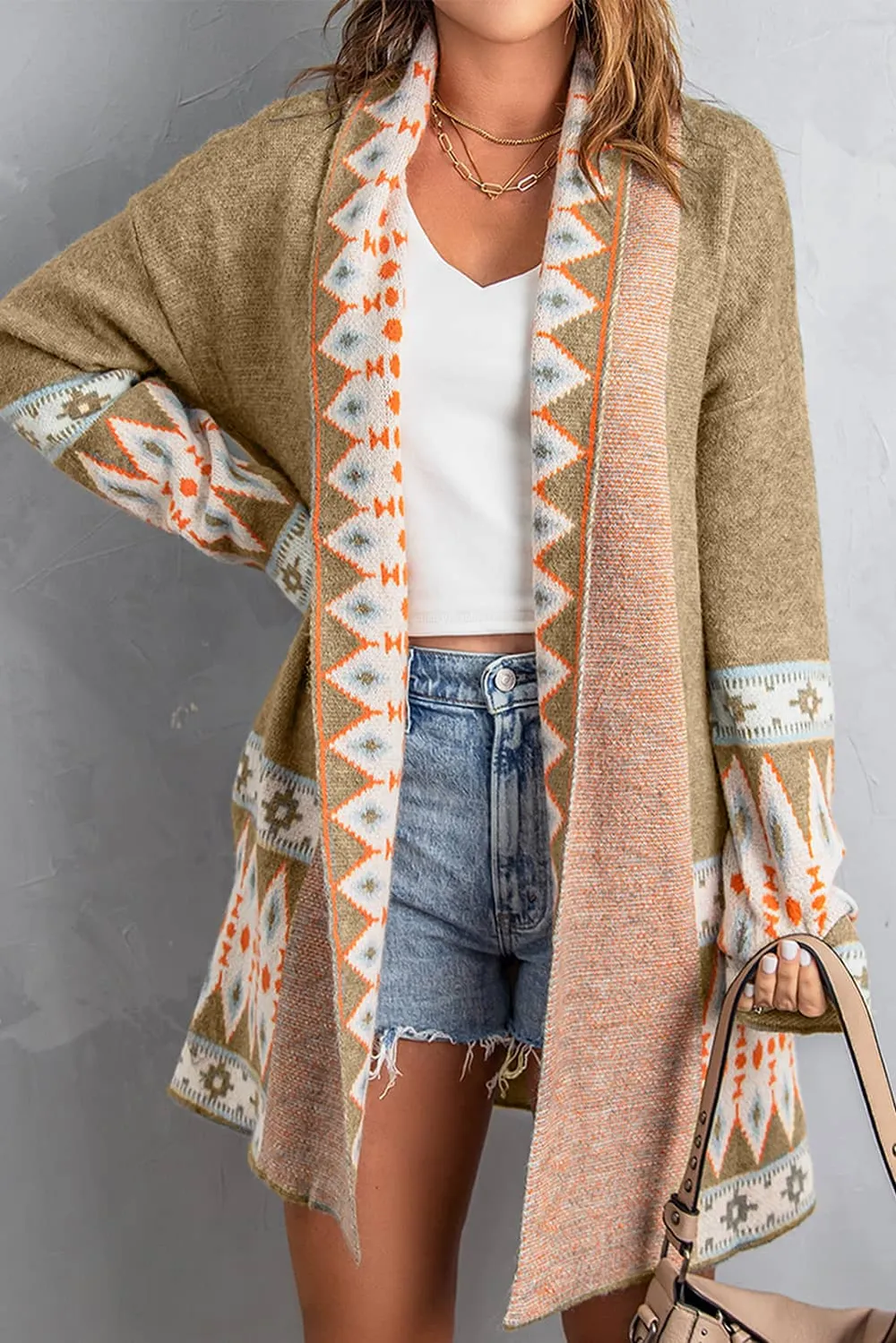 Geometric Open Front Long Sleeve Cardigan, image 17