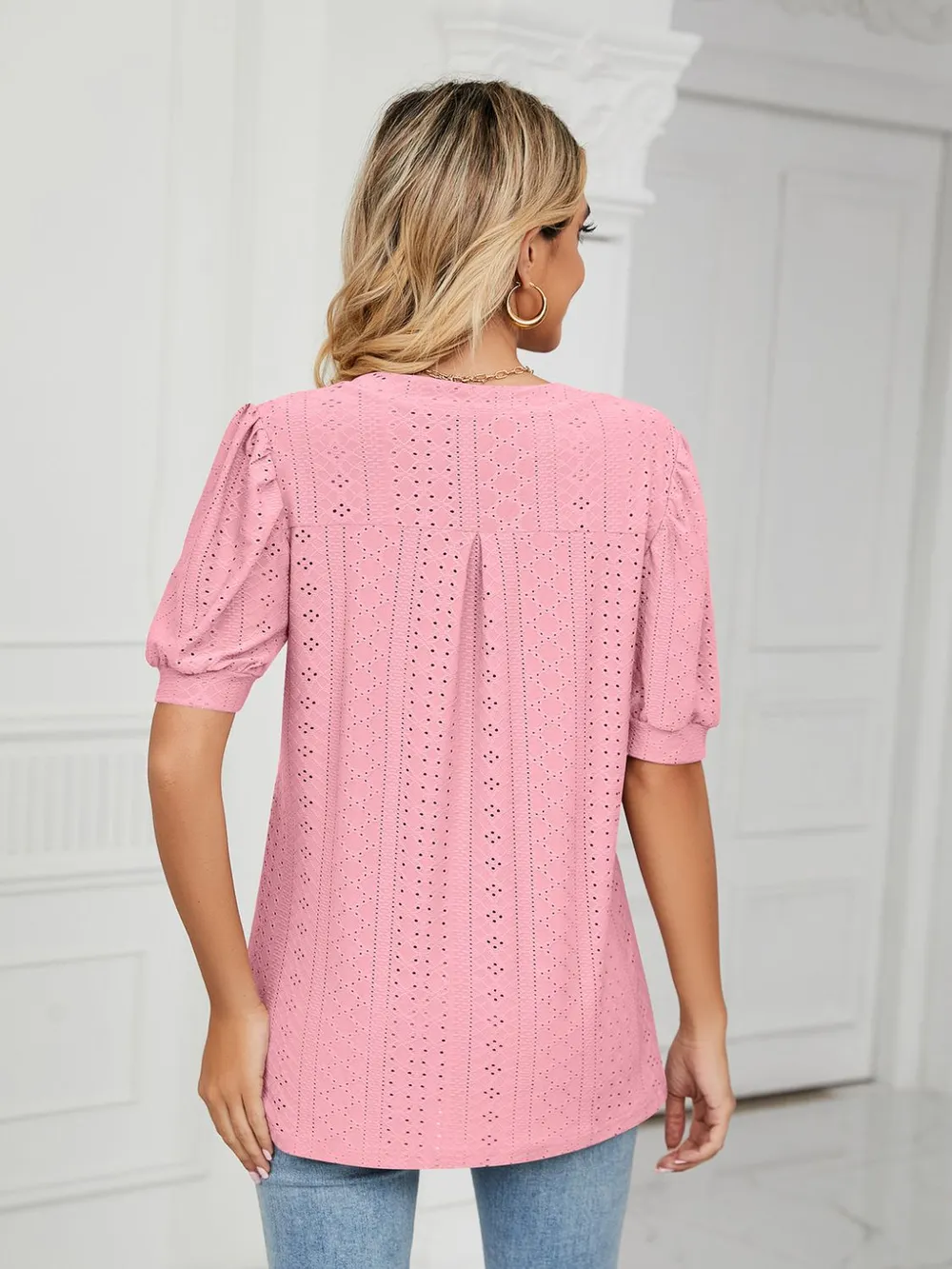 Eyelet Notched Short Sleeve T-Shirt, image 27