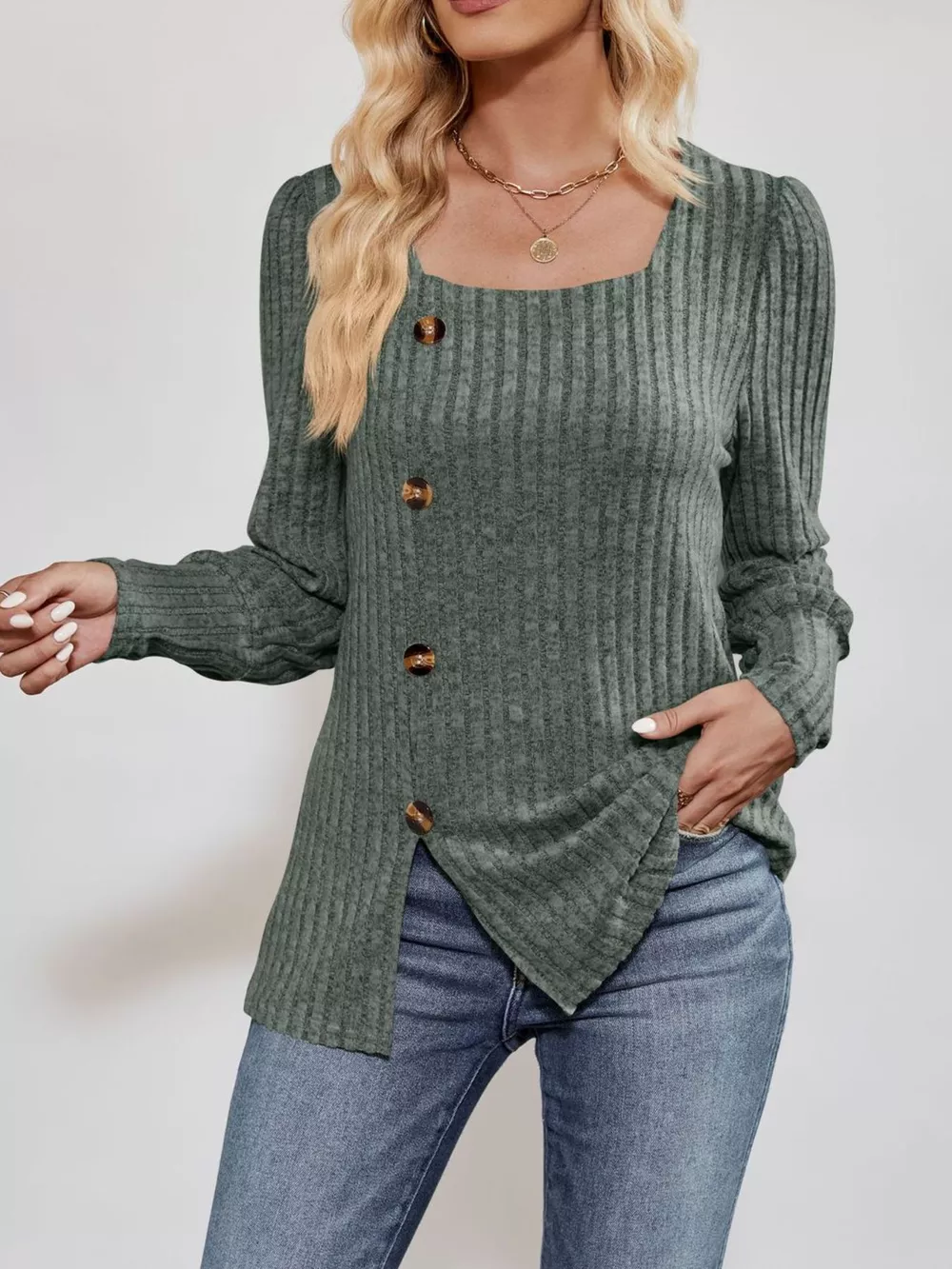 Ribbed Knit Slit Long Sleeve T-Shirt, image 14