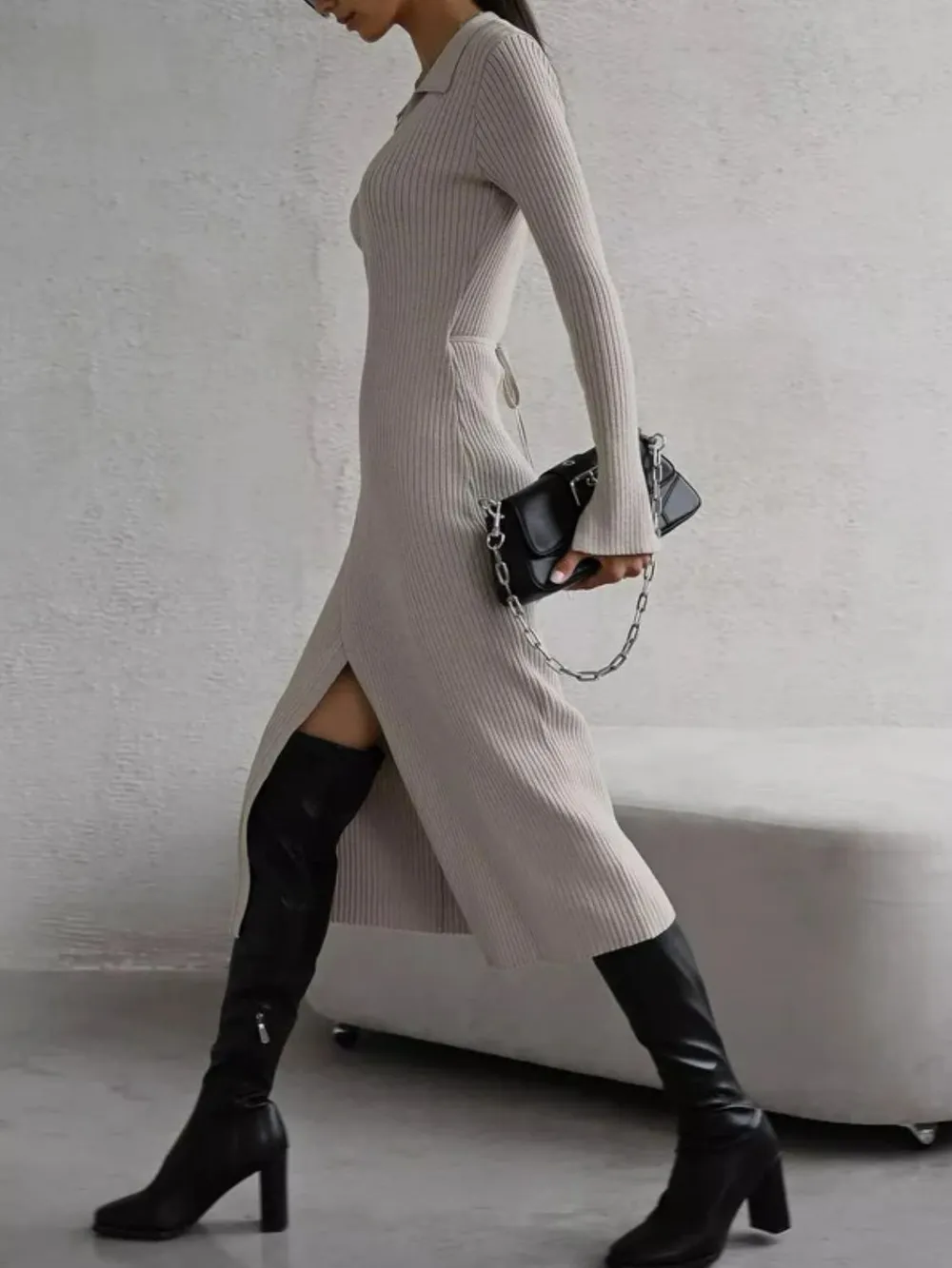 Tied Collared Neck Long Sleeve Sweater Dress, image 4