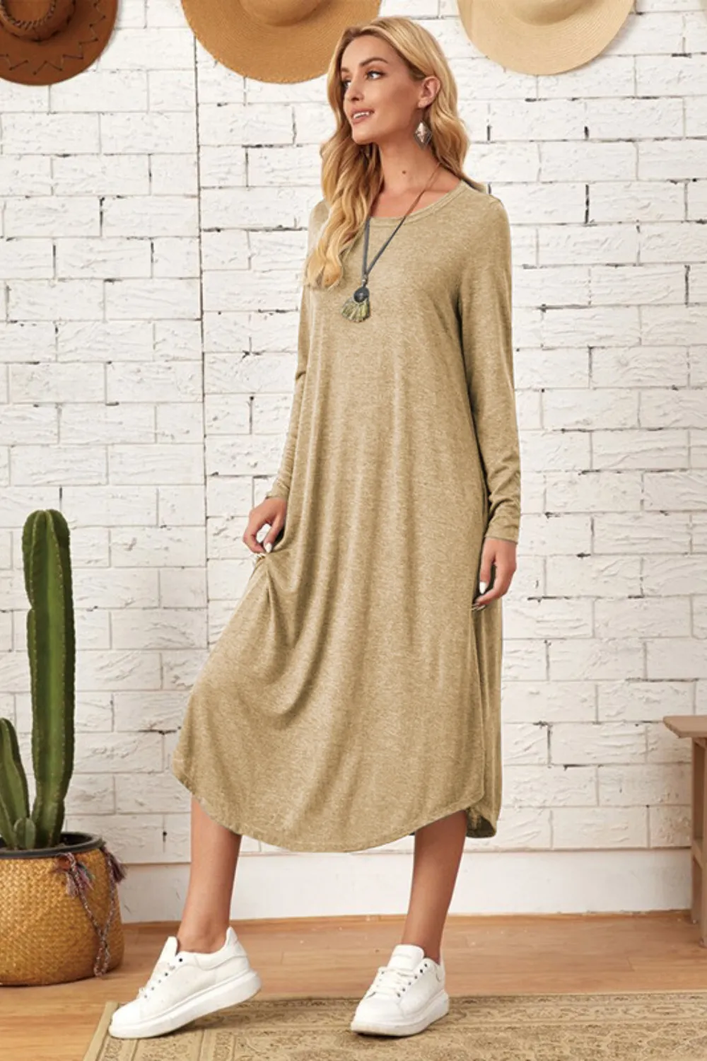 Pocketed Round Neck Long Sleeve Tee Dress, image 12