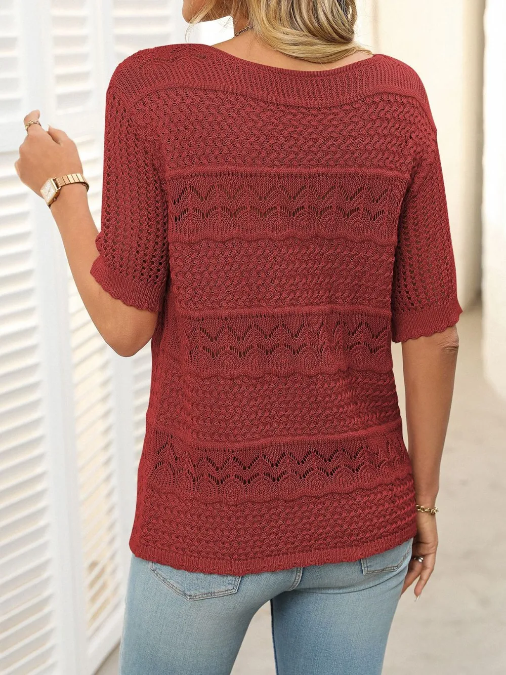 Openwork Round Neck Half Sleeve Knit Top, image 9