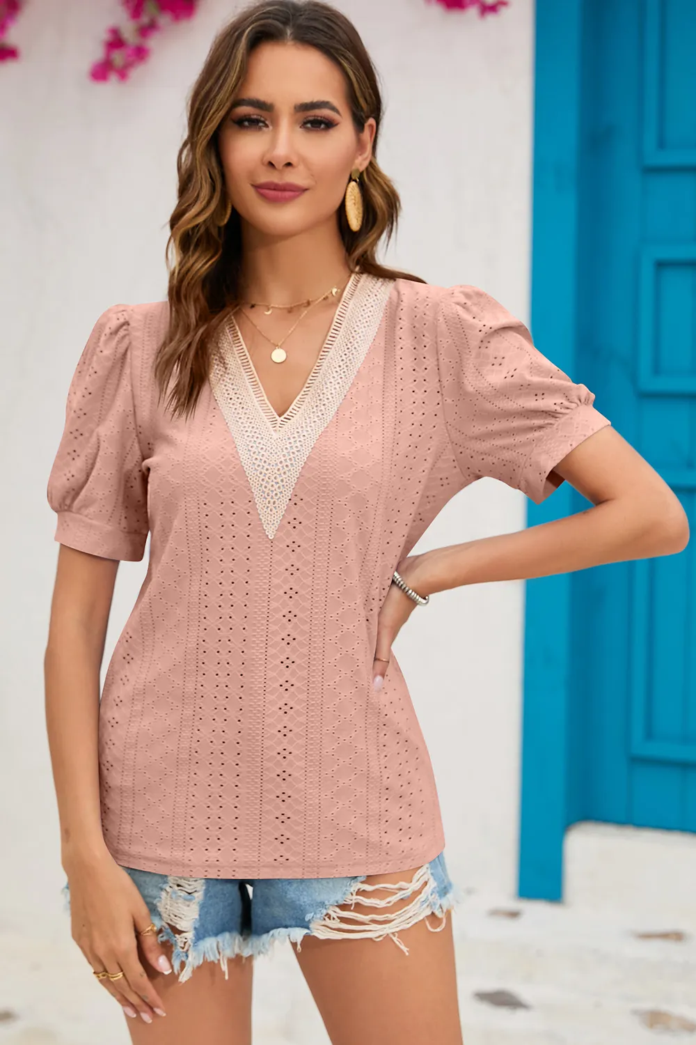 Eyelet V-Neck Short Sleeve T-Shirt, image 12