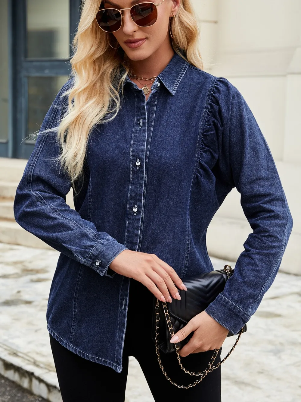 Button Down Collared Neck Denim Shirt, image 3