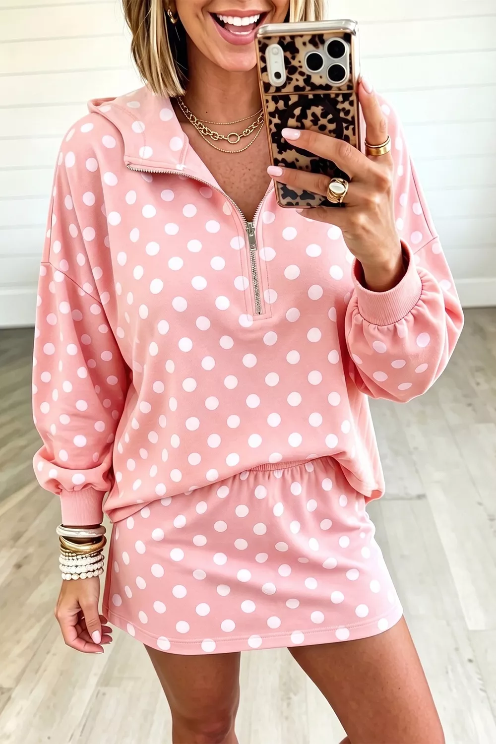 Polka Dot Hooded Long Sleeve Top Casual Mini Skort Set, image 3