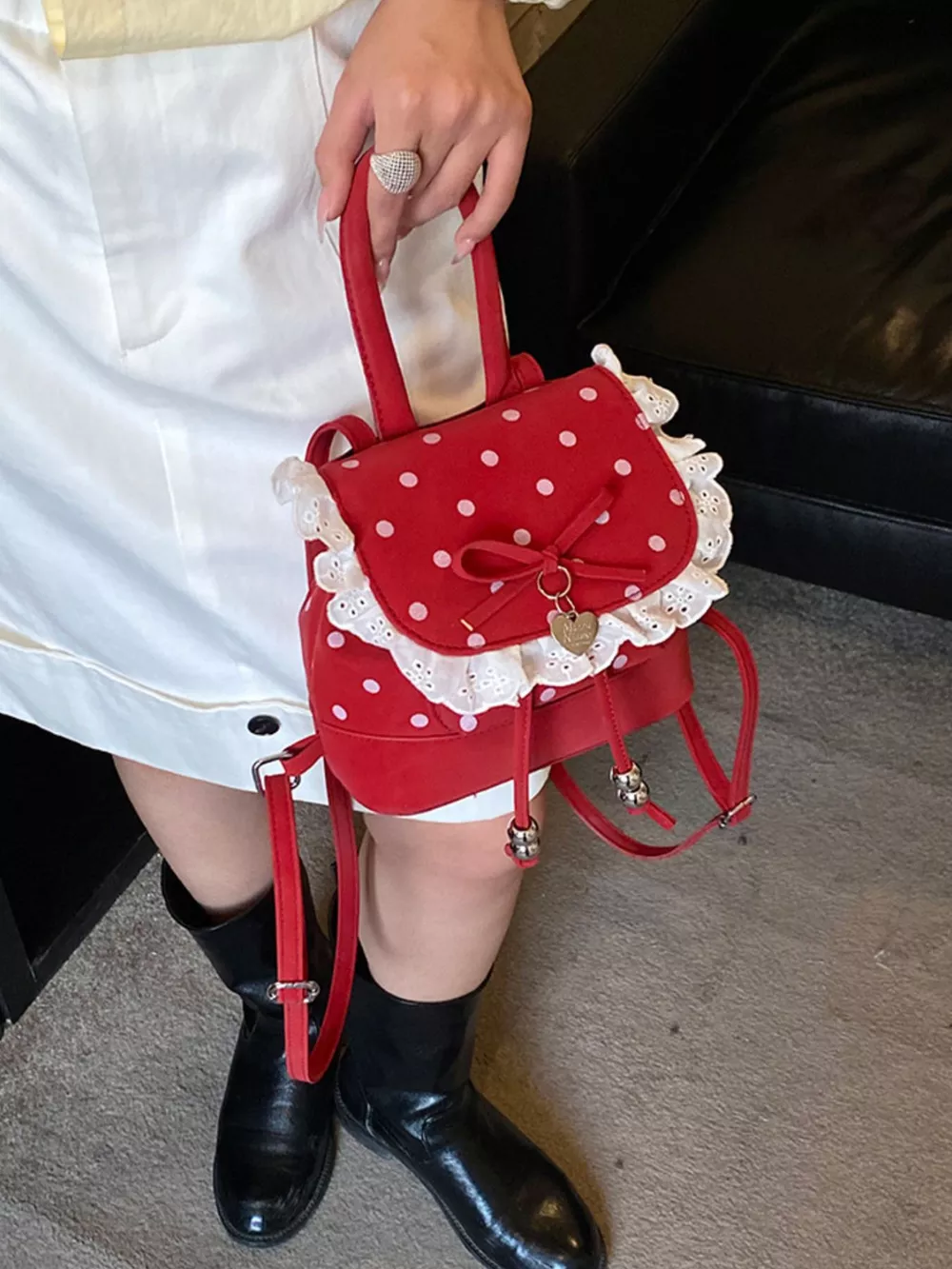 Polka Dot Lace Trim Backpack Bag, image 2