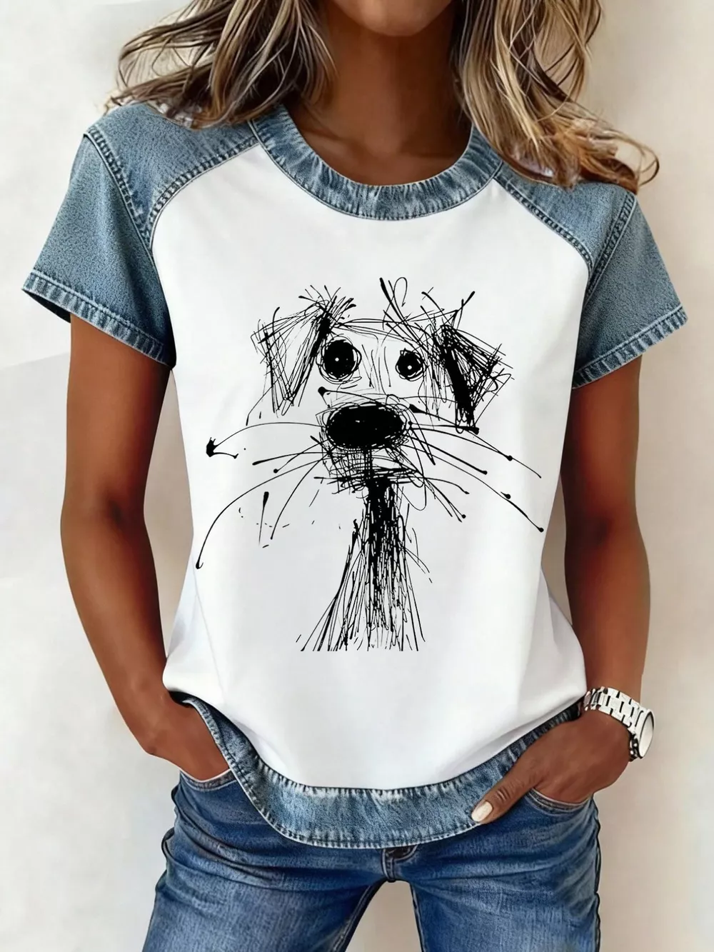 Denim Patchwork Short Sleeve Blouse, image 9