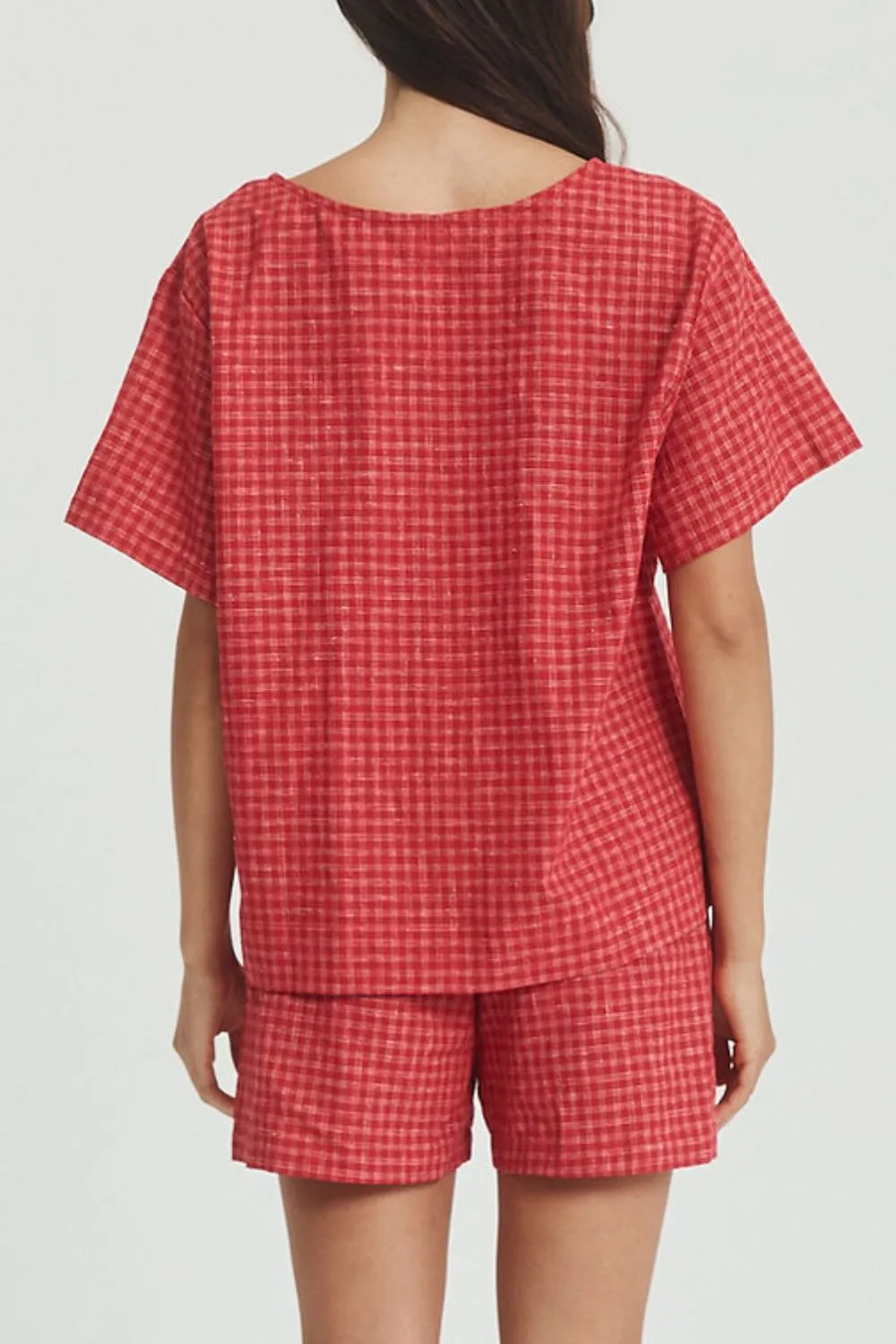 Plaid Tied Scoop Neck Short Sleeve Top and Drawstring Shorts Set, image 11