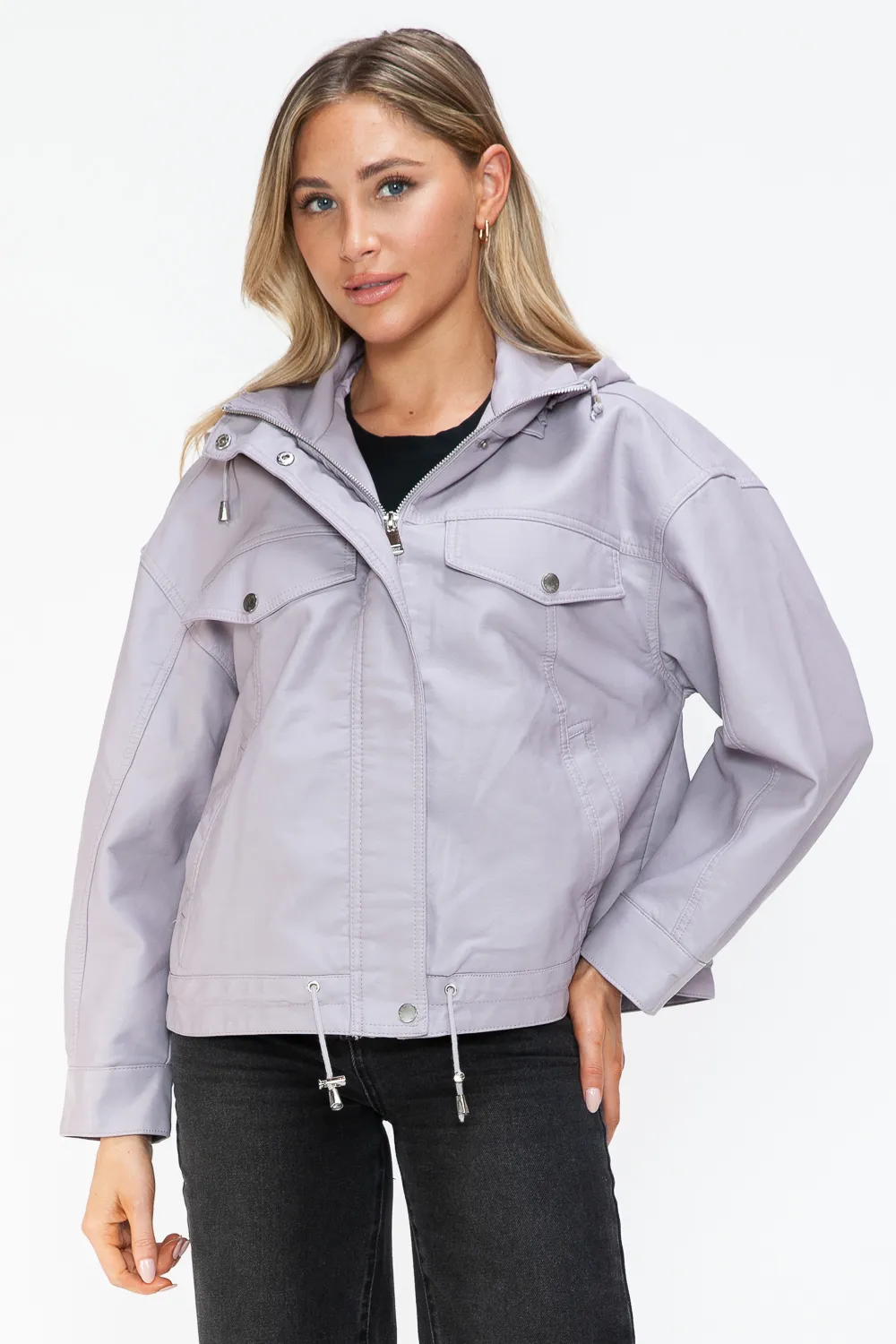 Drawstring Hem PU Leather Zip Up Jacket, image 4