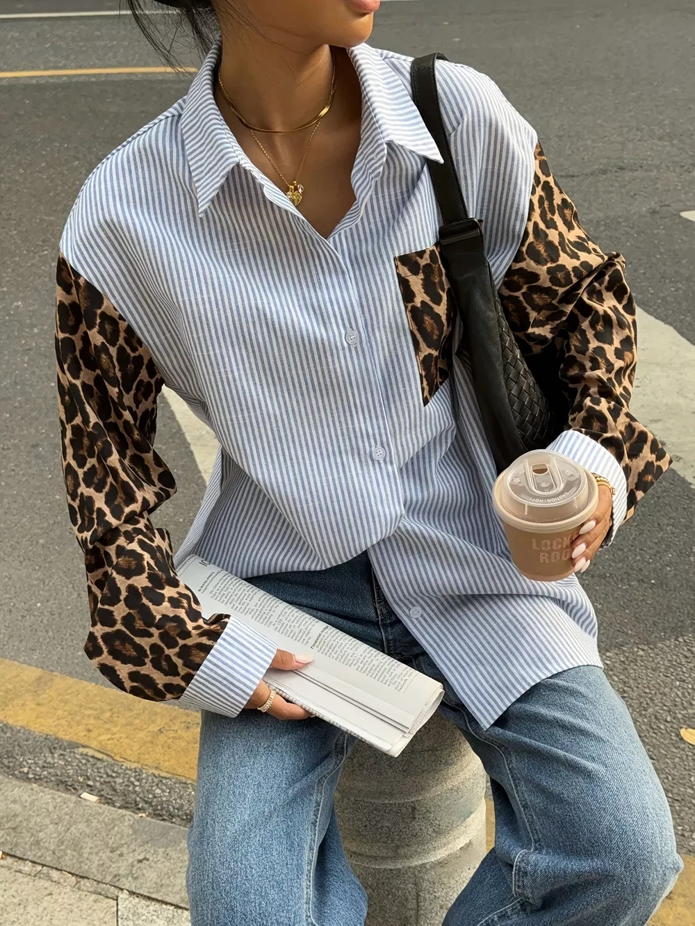 Striped & Leopard Print Button Up Shirt, image 4
