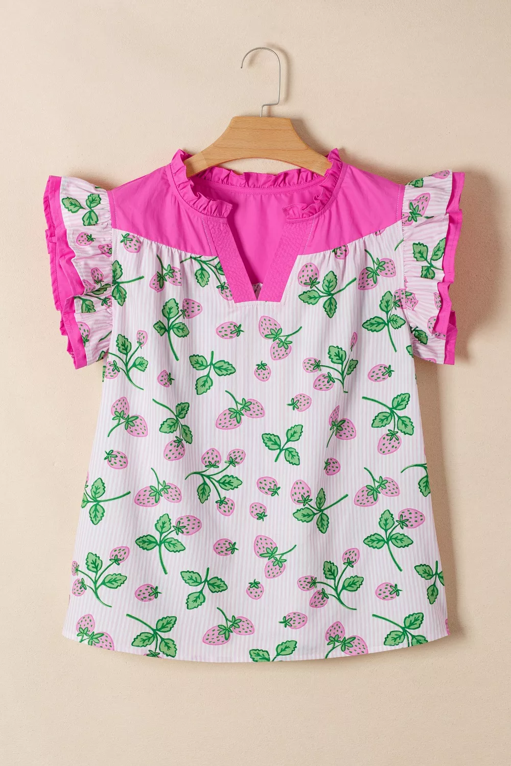 Striped Strawberry Printed Color Block Patchwork V Neck Flutter Sleeve Blouse, image 5