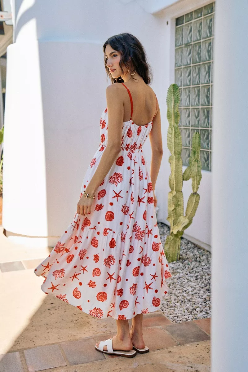 Shell Print Tiered Lined Midi Cami Dress With Belt, image 6