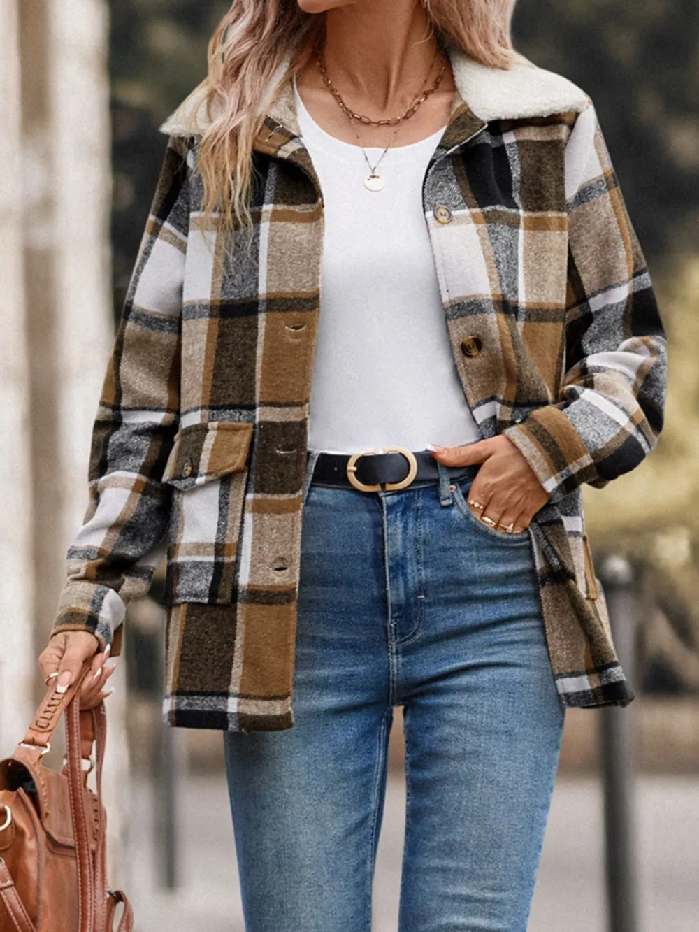Pocketed Plaid Button Up Collared Neck Jacket, image 4