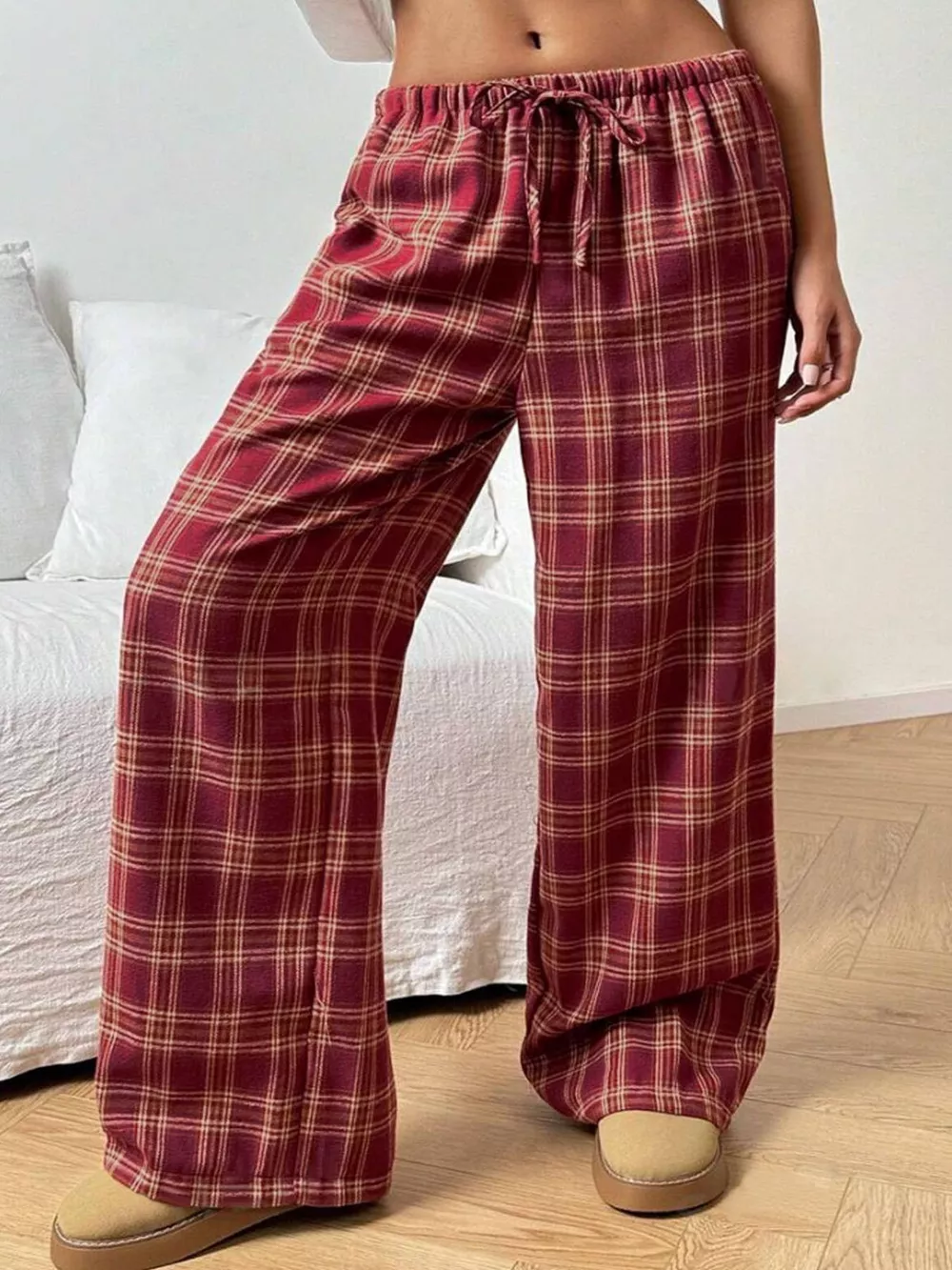 Plaid Drawstring Wide Leg Pants, image 4