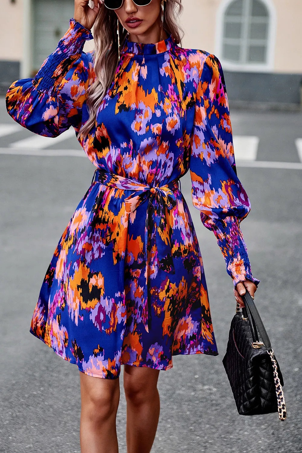 Printed Tie Waist Mock Neck Lantern Sleeve Dress, image 12