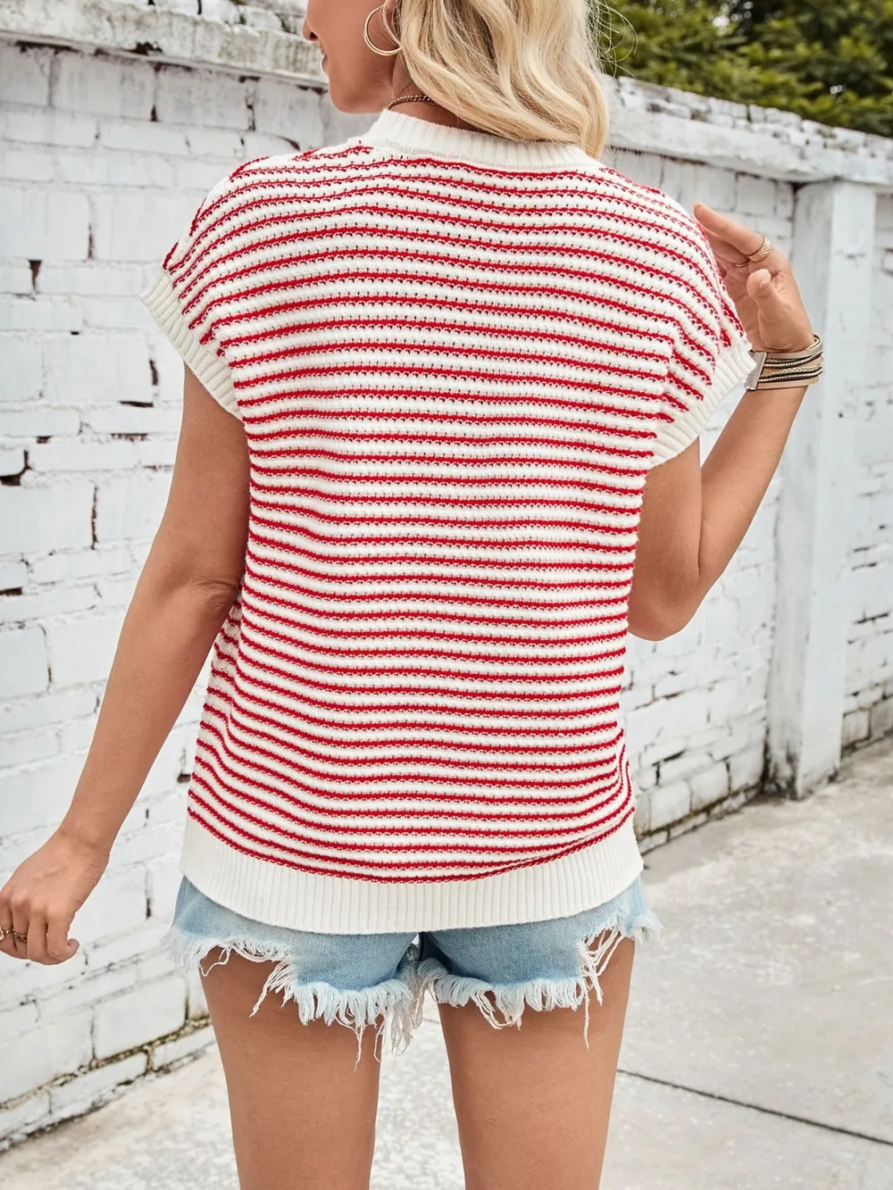 Striped Round Neck Cap Sleeve Sweater, image 24