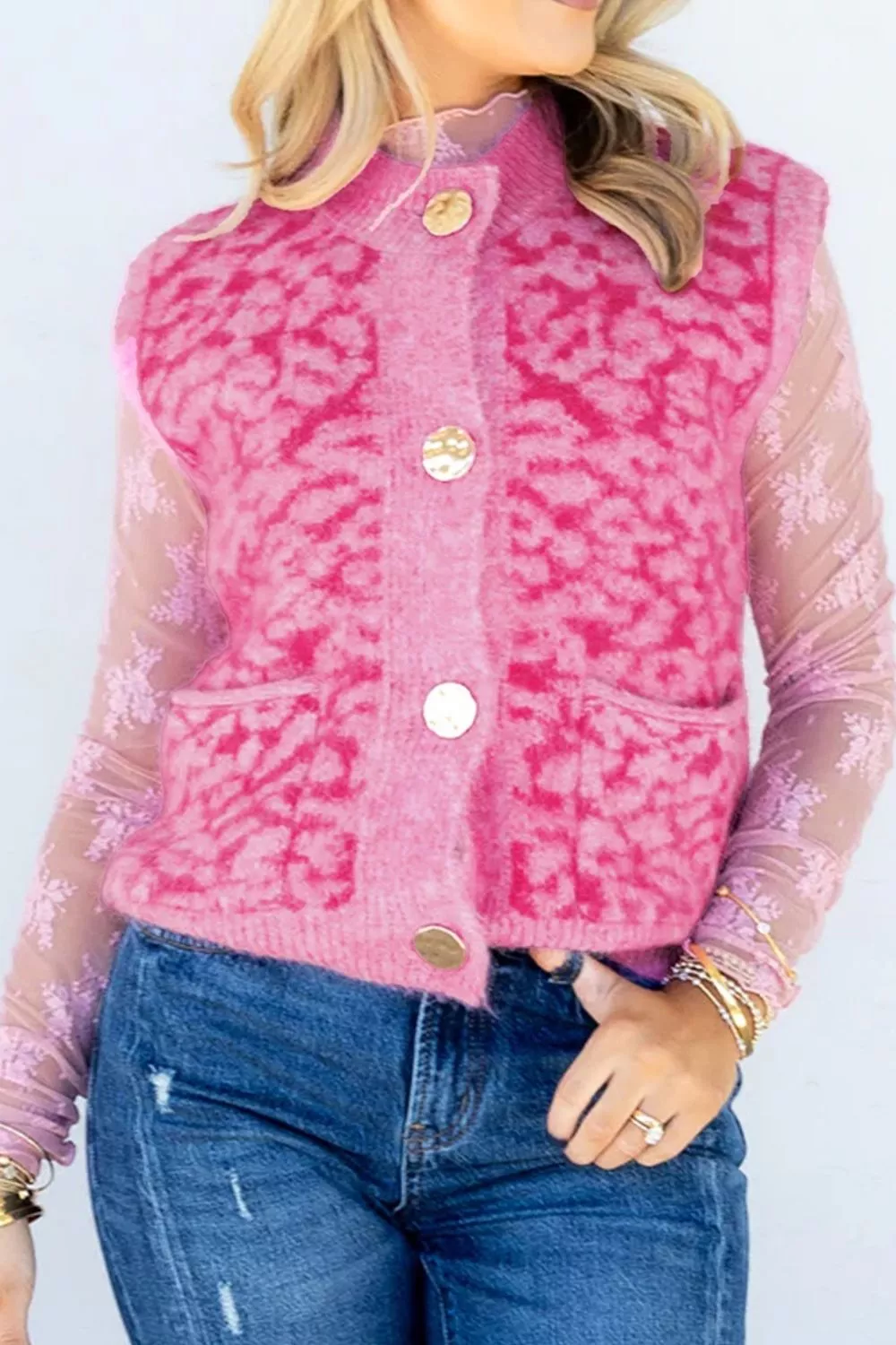Leopard Button-Down Fuzzy Sweater Vest, image 4