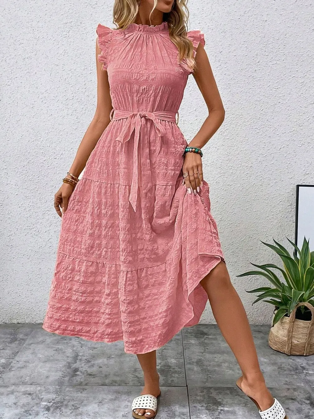 Tied Ruffled Cap Sleeve Midi Dress, image 24