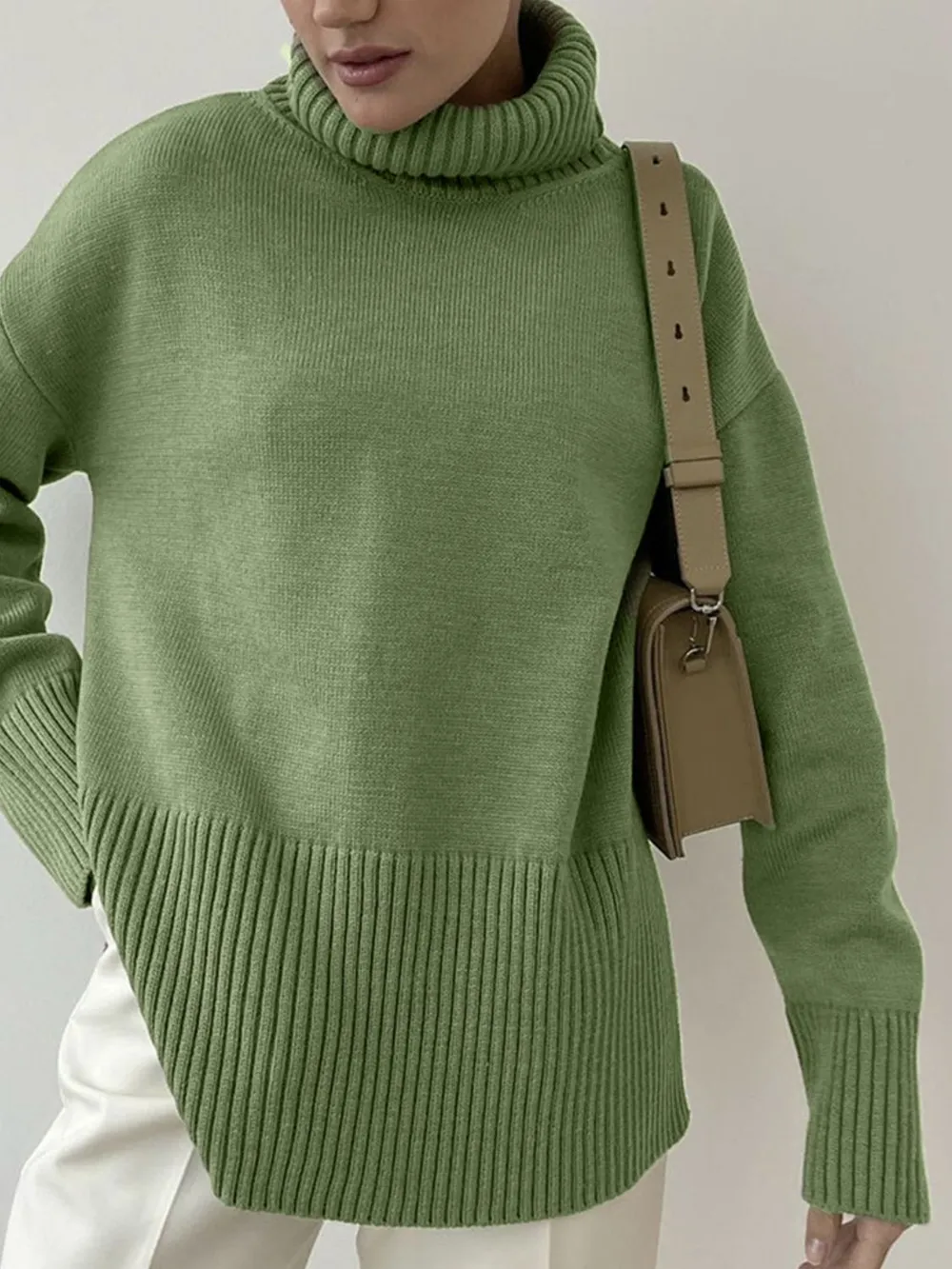 Side Slit Turtleneck Drop Shoulder Sweater, image 18