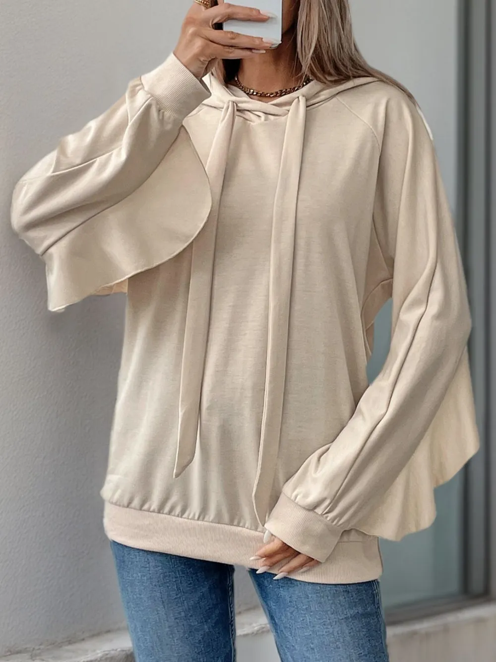 Drawstring Ruffled Long Sleeve Hoodie, image 4