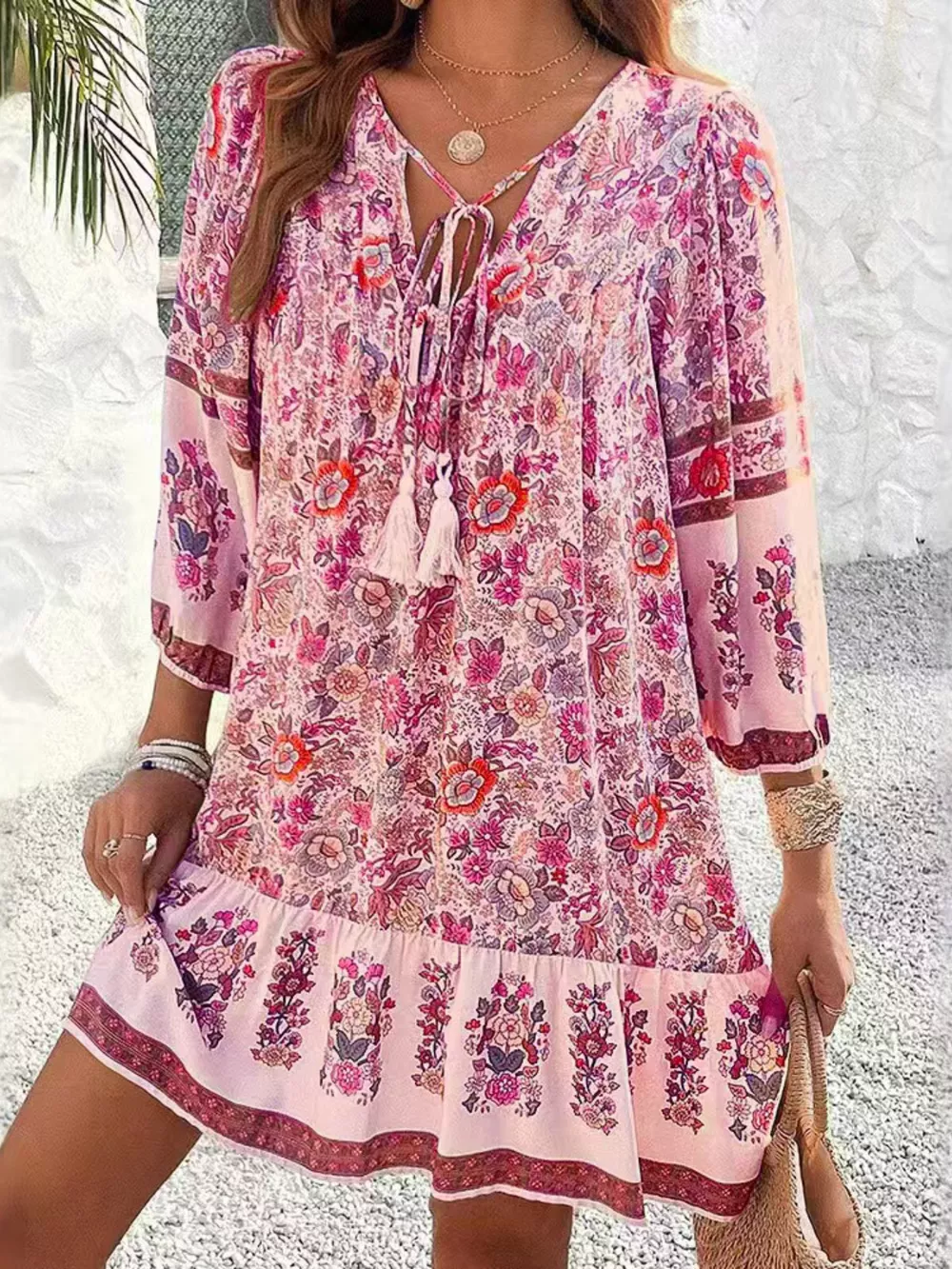 Floral Print Tassel Tie Neck Mini Dress, image 2