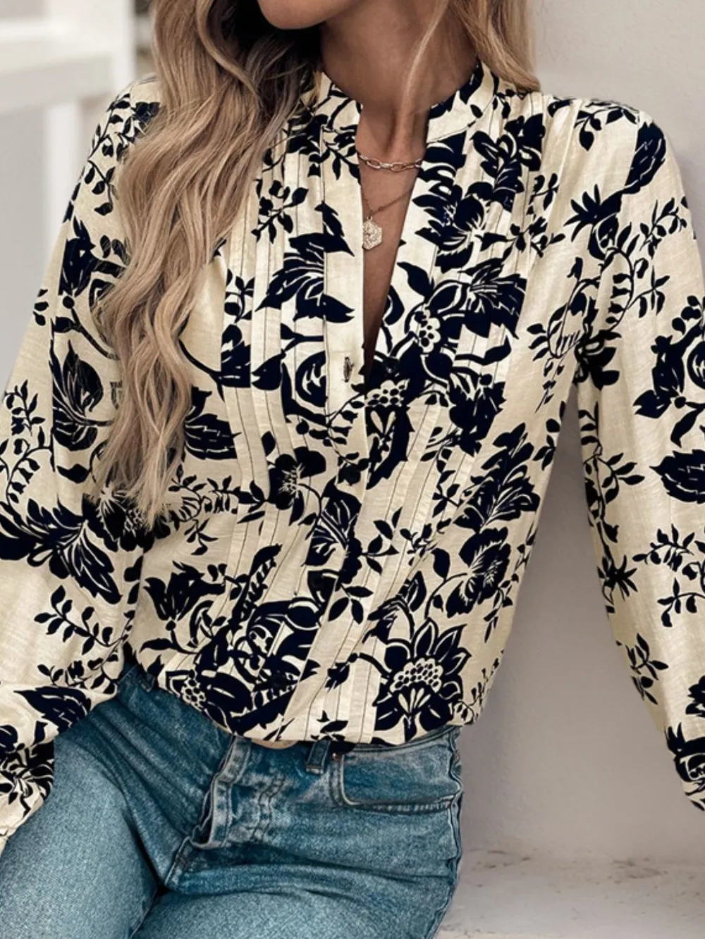 Printed Notched Long Sleeve Shirt, image 4