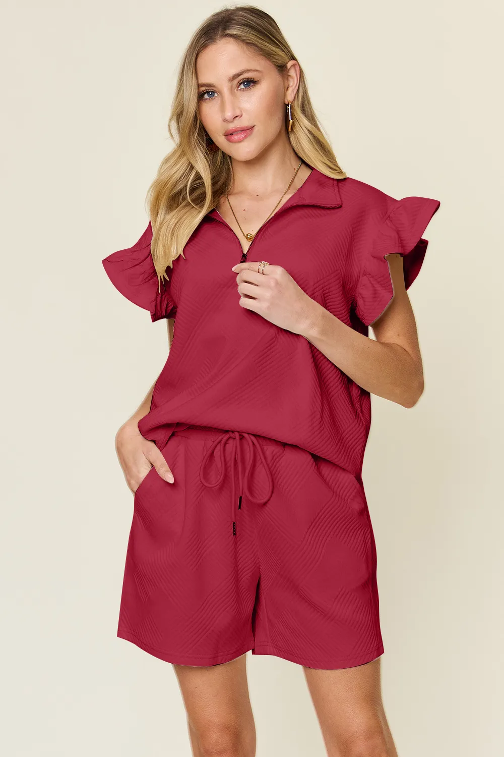 Full Size Texture Flounce Sleeve Top and Drawstring Shorts Set, image 23