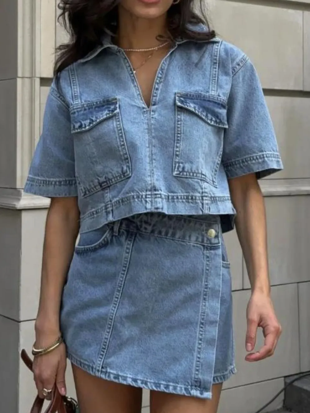 Johnny Collar Short Sleeve Top and Skort Denim Set, image 6