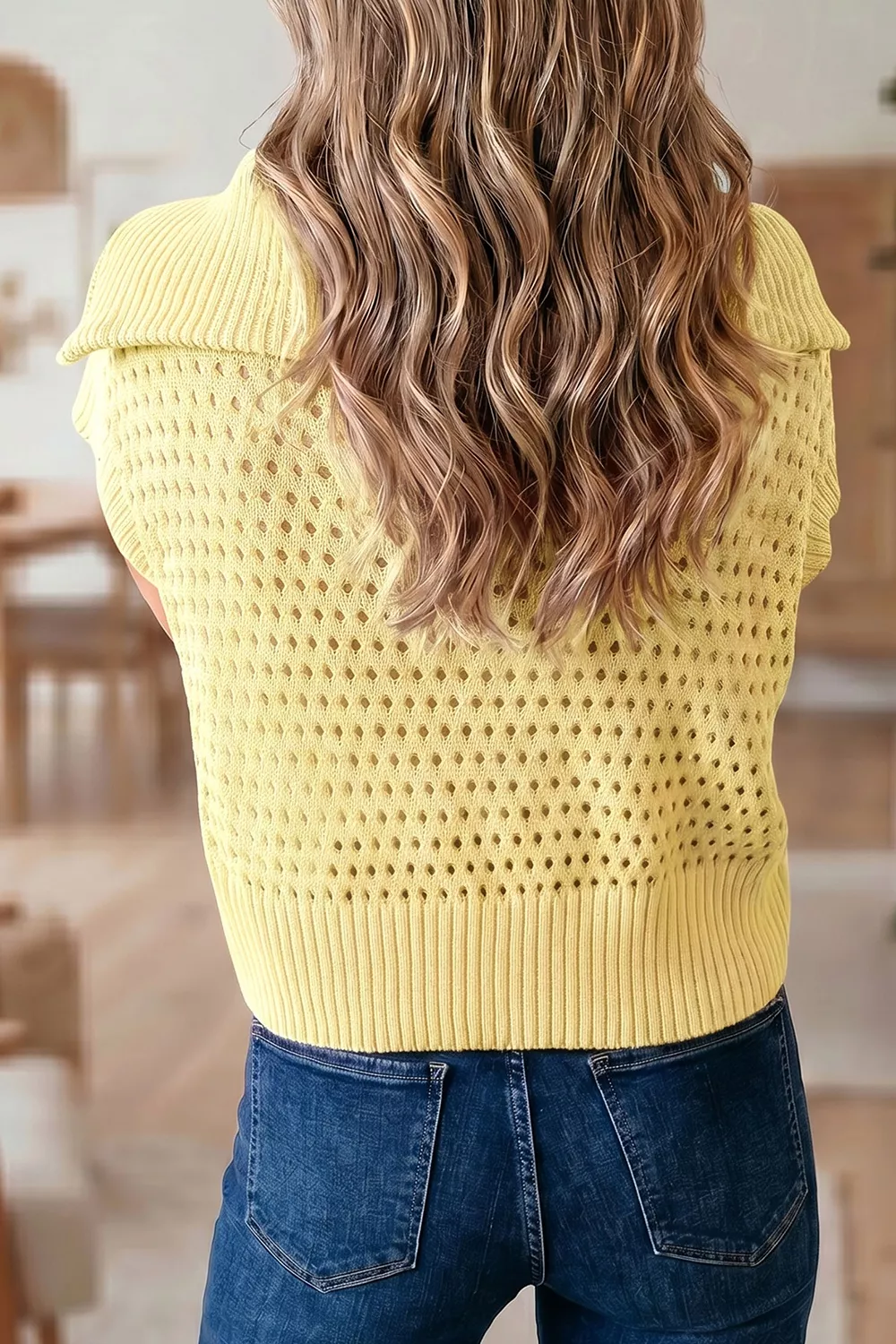 Solid Color Hollowed Knit Short Sleeve Zipper Collar Knitwear Top, image 2