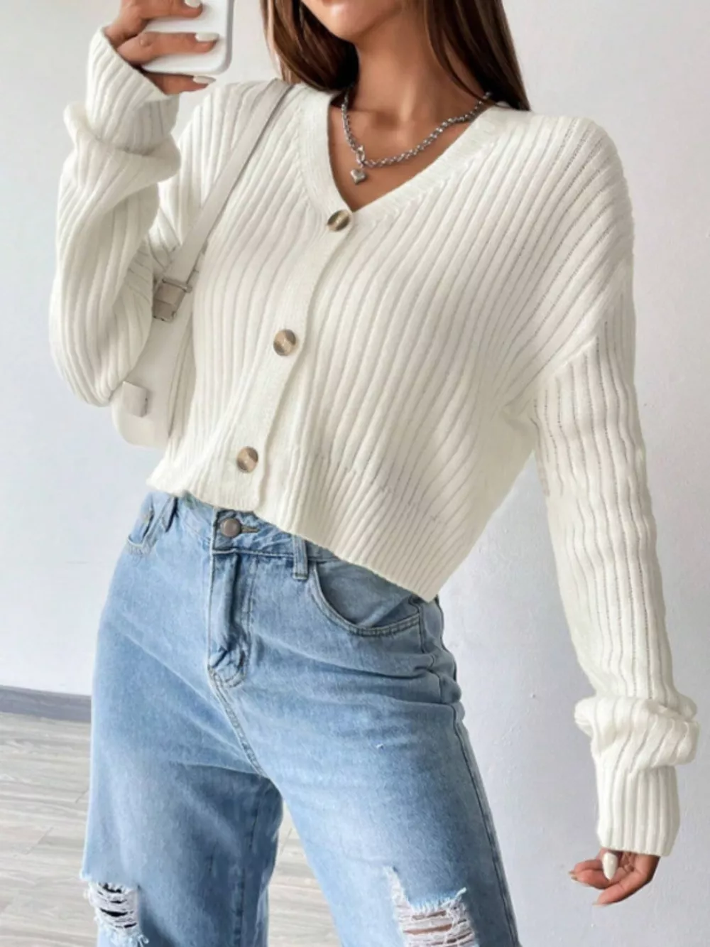 Ribbed Knit Button-Up Cropped Cardigan, image 8