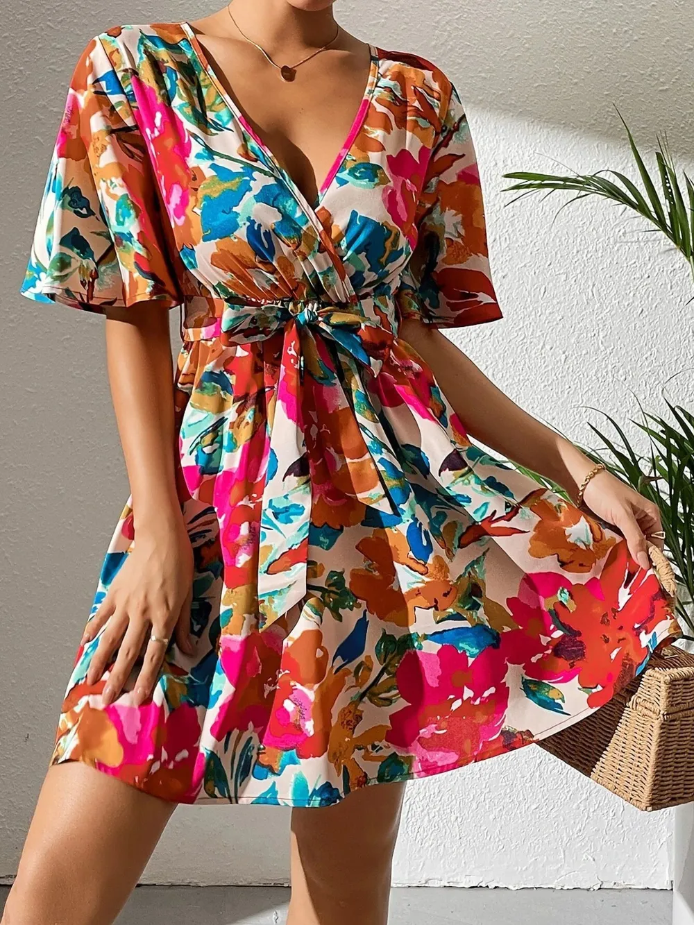 Printed Surplice Short Sleeve Mini Dress, image 4