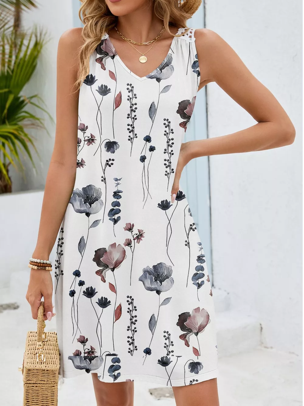 Floral Print V-Neck Crochet Back Mini Dress, image 5