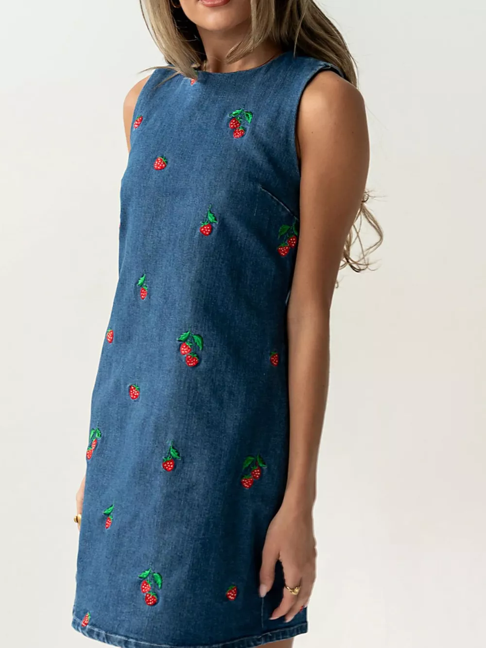 Strawberry Embroidered Sleeveless Denim Dress, image 2