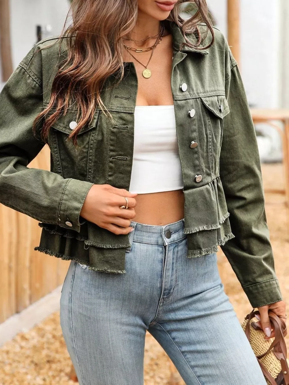 Ruffle Raw Hem Denim Jacket, image 2