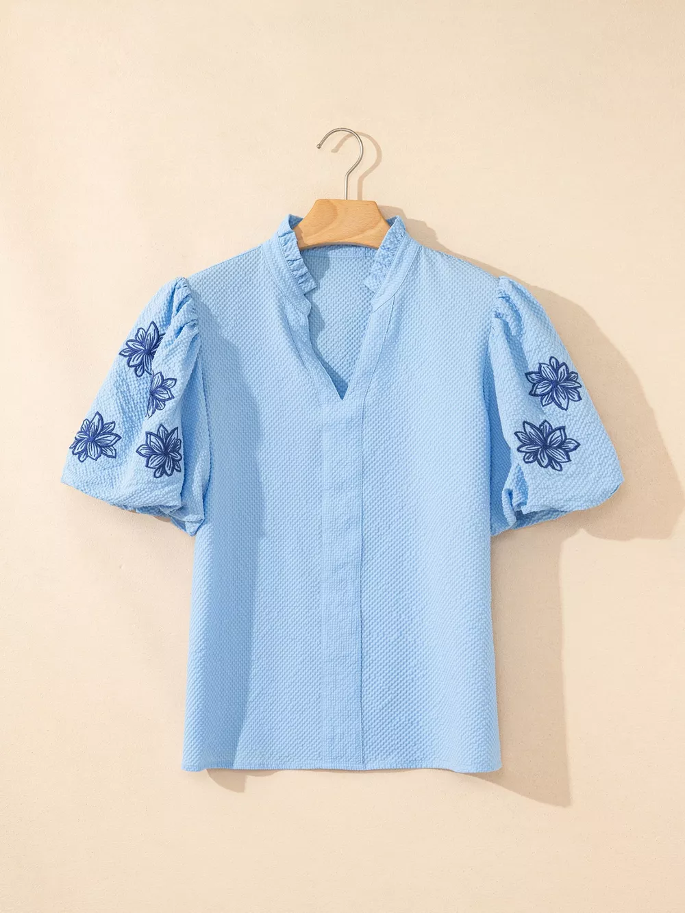 Flower Embroidered Puff Sleeve Split Neck Textured Blouse, image 6