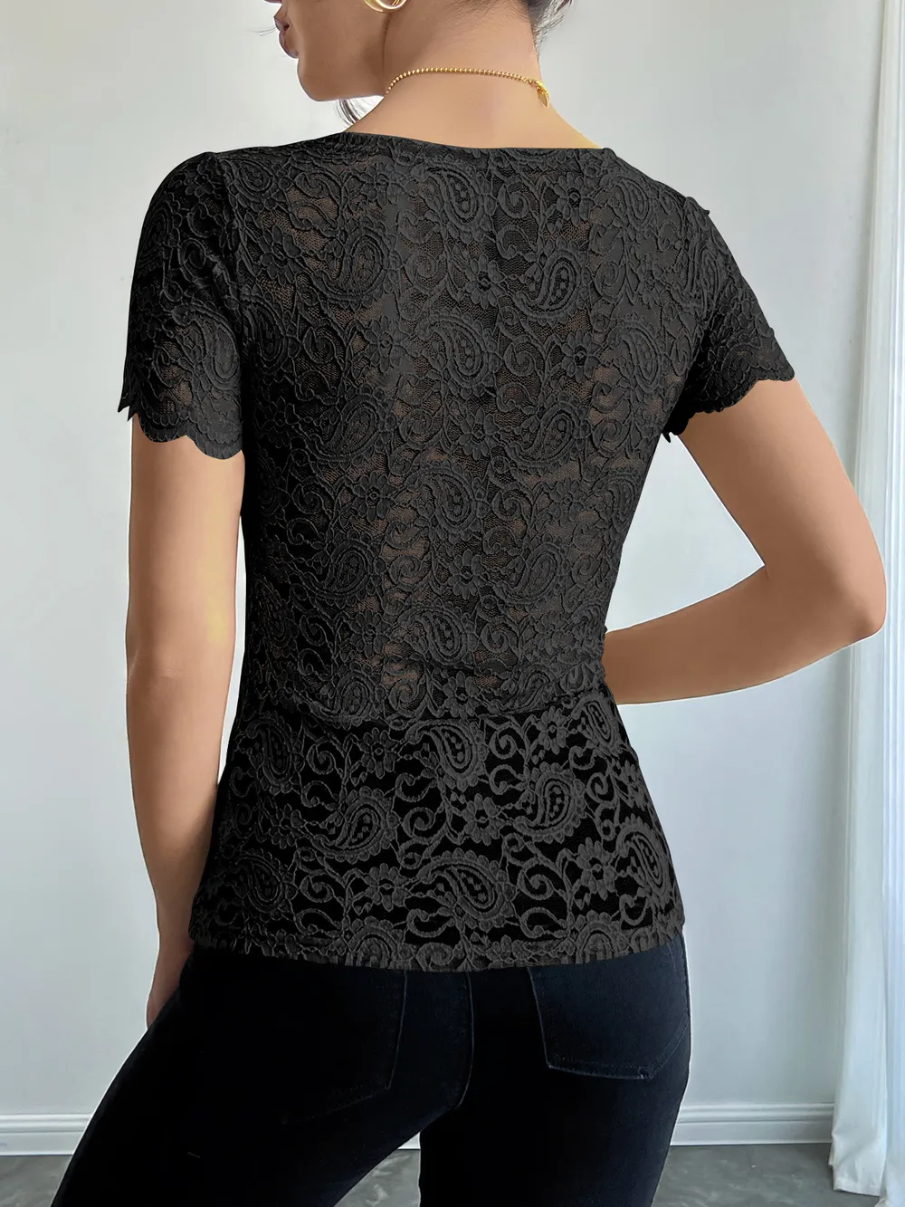 Floral Lace Square Neck T-Shirt, image 8